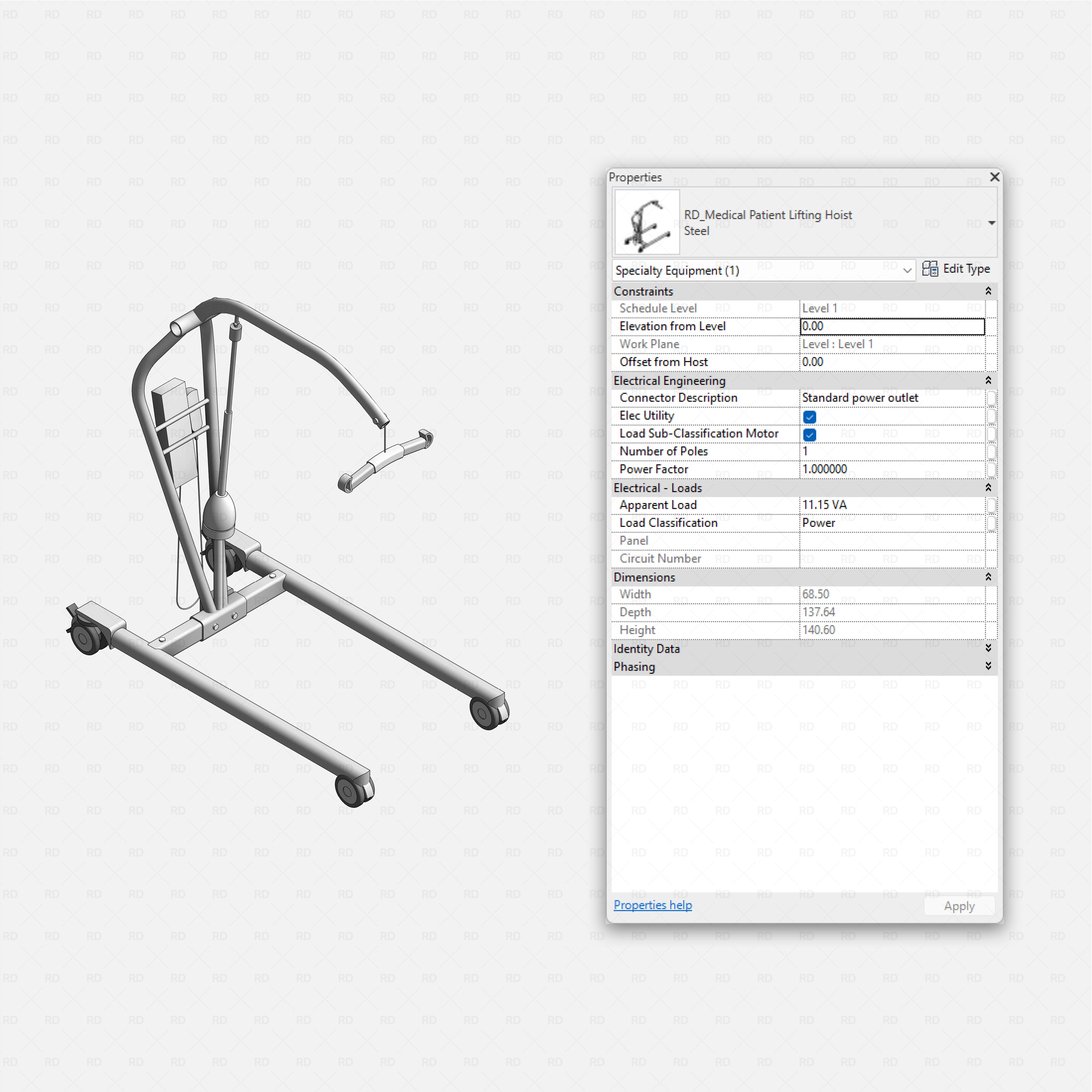 Revit Hospital Furniture and Medical Equipment RD Studio BIM blocks rfa patient lifting hoist on wheeled base for transfers