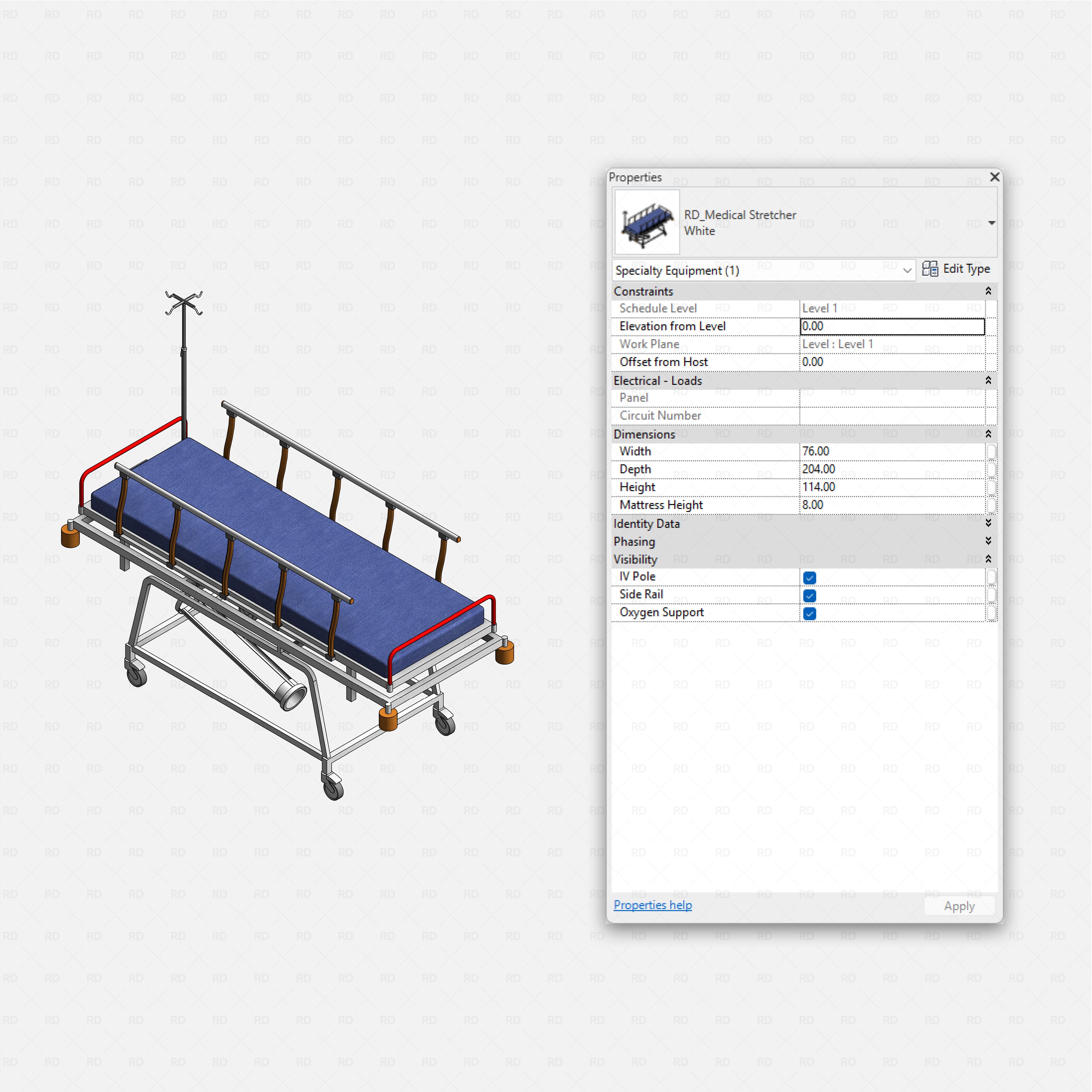 Revit Hospital Furniture and Medical Equipment RD Studio BIM blocks rfa medical stretcher trolley with side rails and IV pole