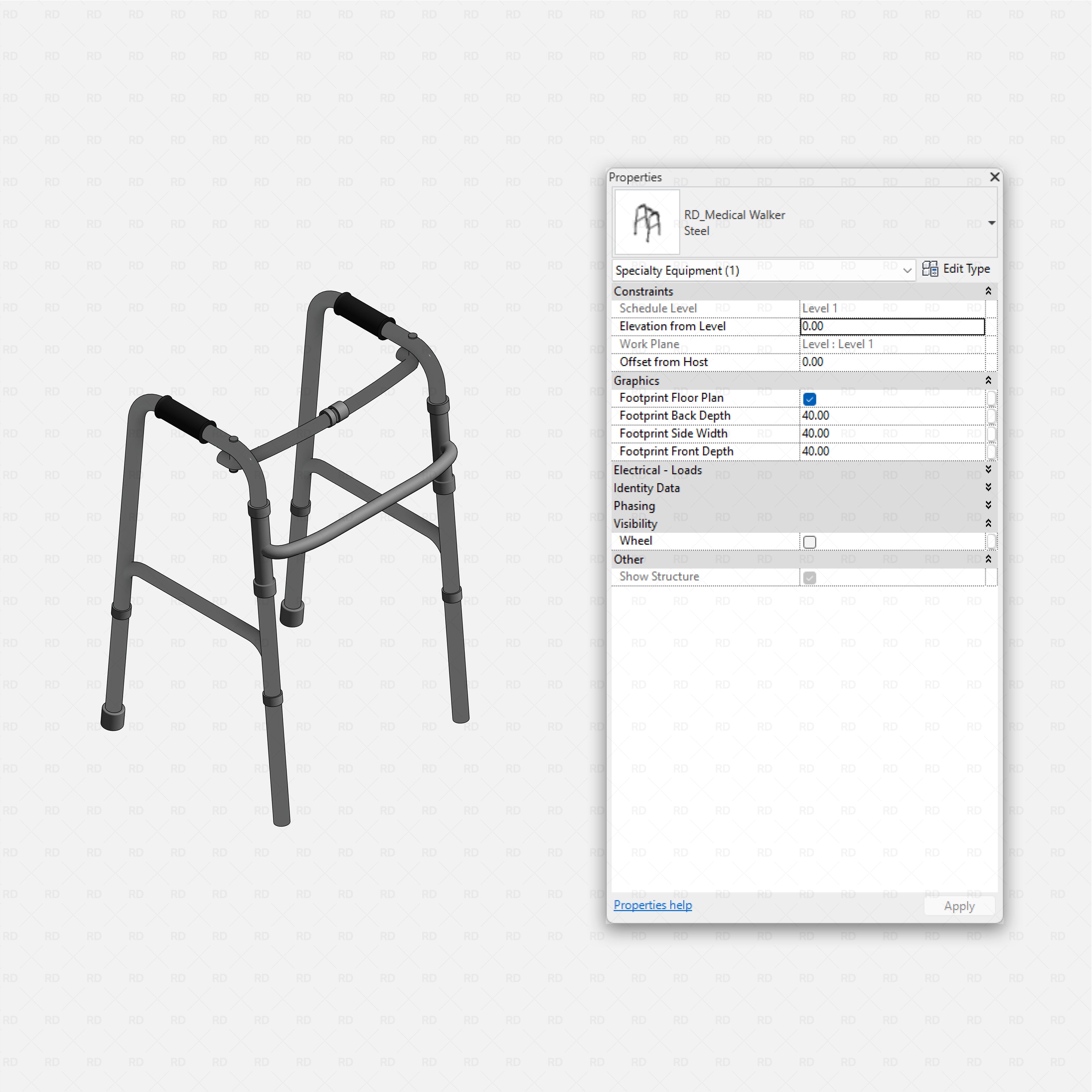 Revit Hospital Furniture and Medical Equipment RD Studio BIM blocks rfa aluminium medical walker frame with rubber grips