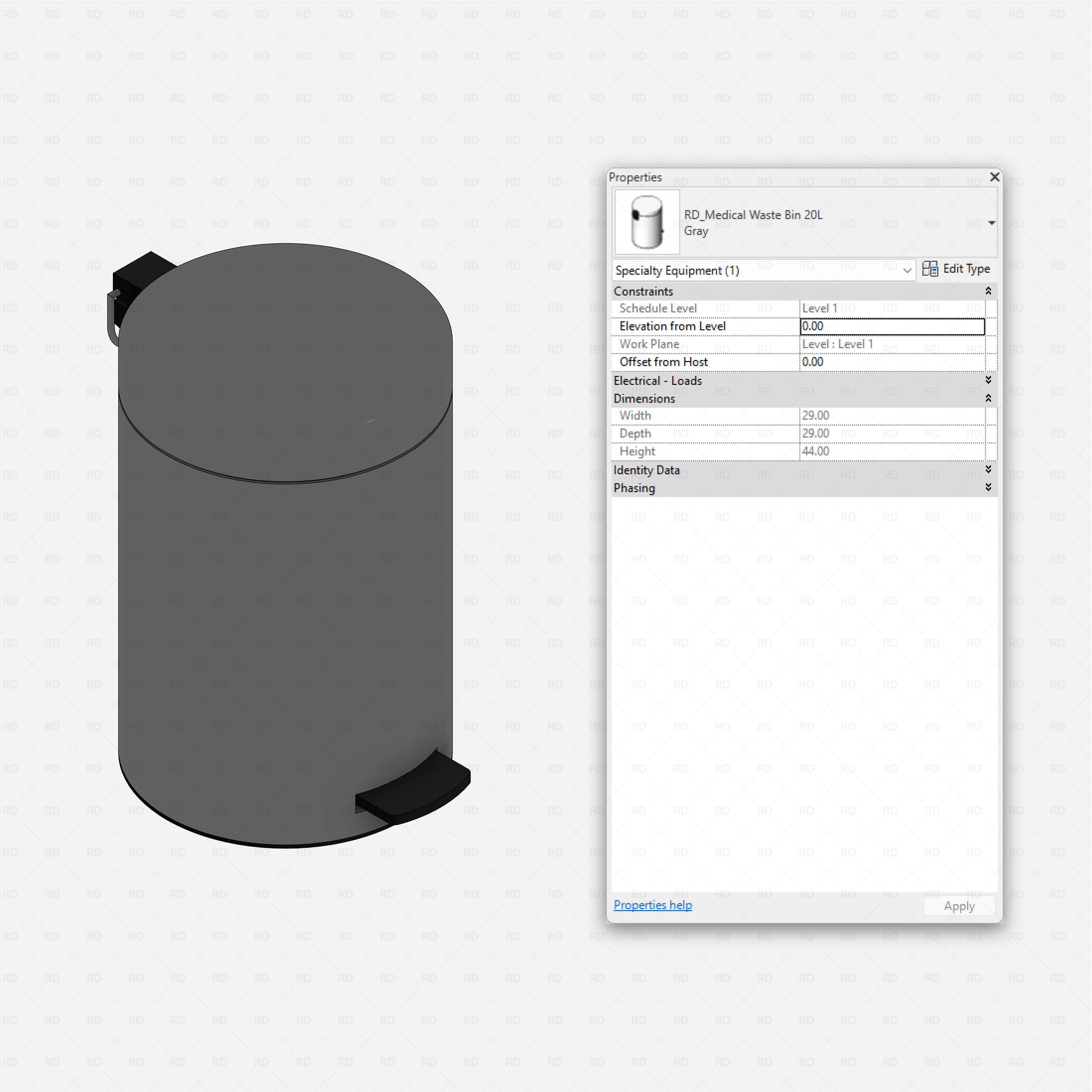 Revit Hospital Furniture and Medical Equipment RD Studio BIM blocks rfa small round pedal operated medical waste bin