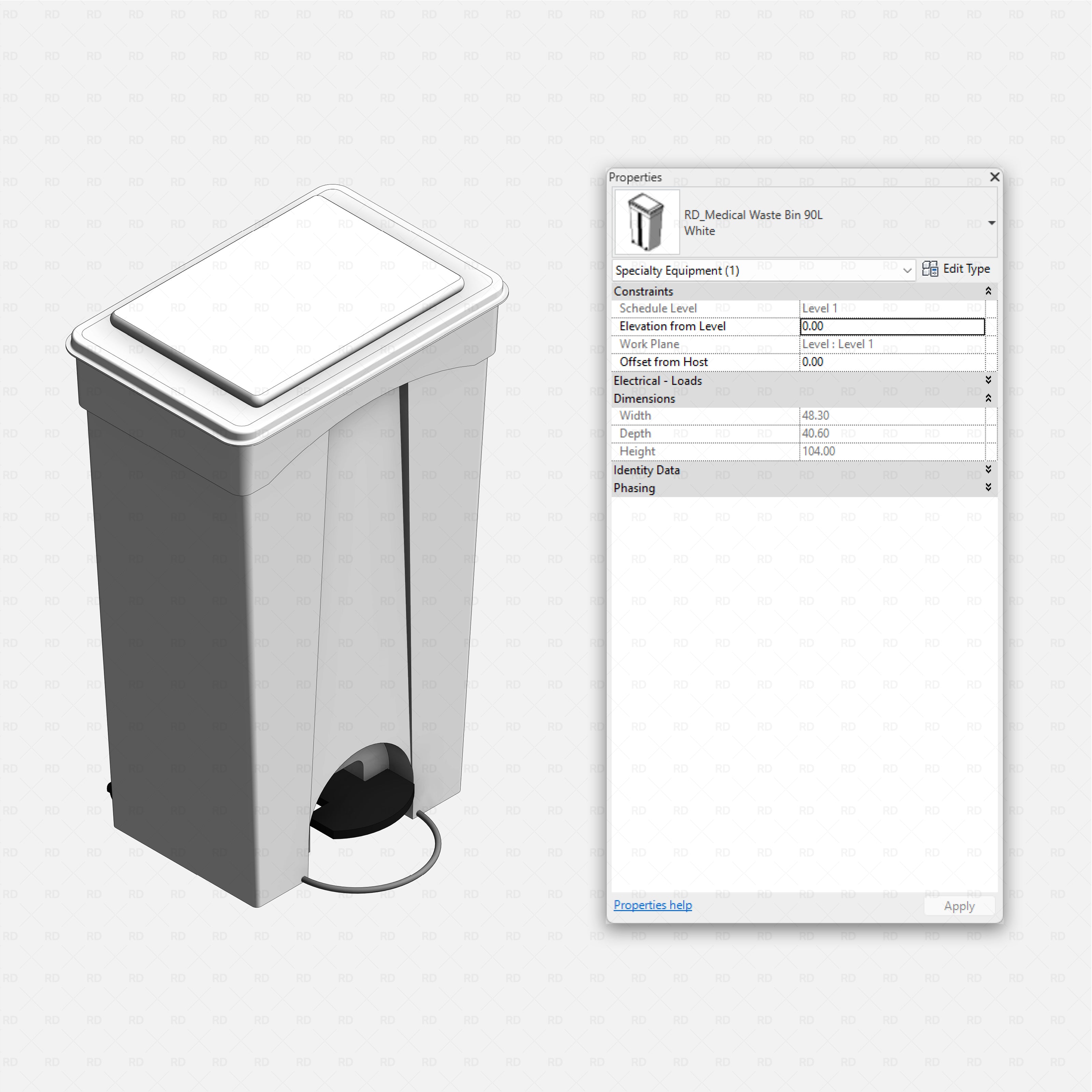 Revit Hospital Furniture and Medical Equipment RD Studio BIM blocks rfa tall rectangular pedal operated medical waste bin