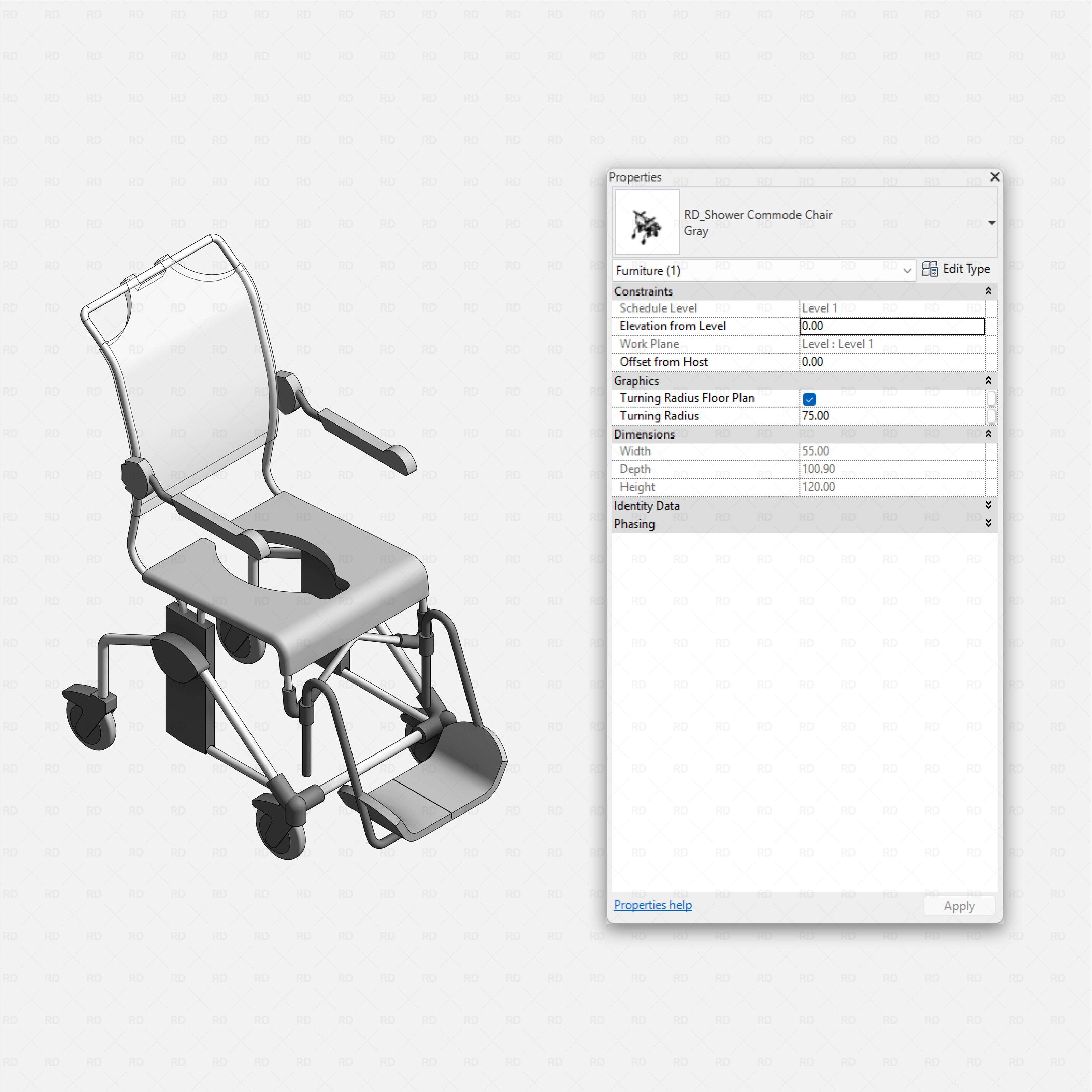Revit Hospital Furniture and Medical Equipment RD Studio BIM blocks rfa shower commode chair on wheels with open seat