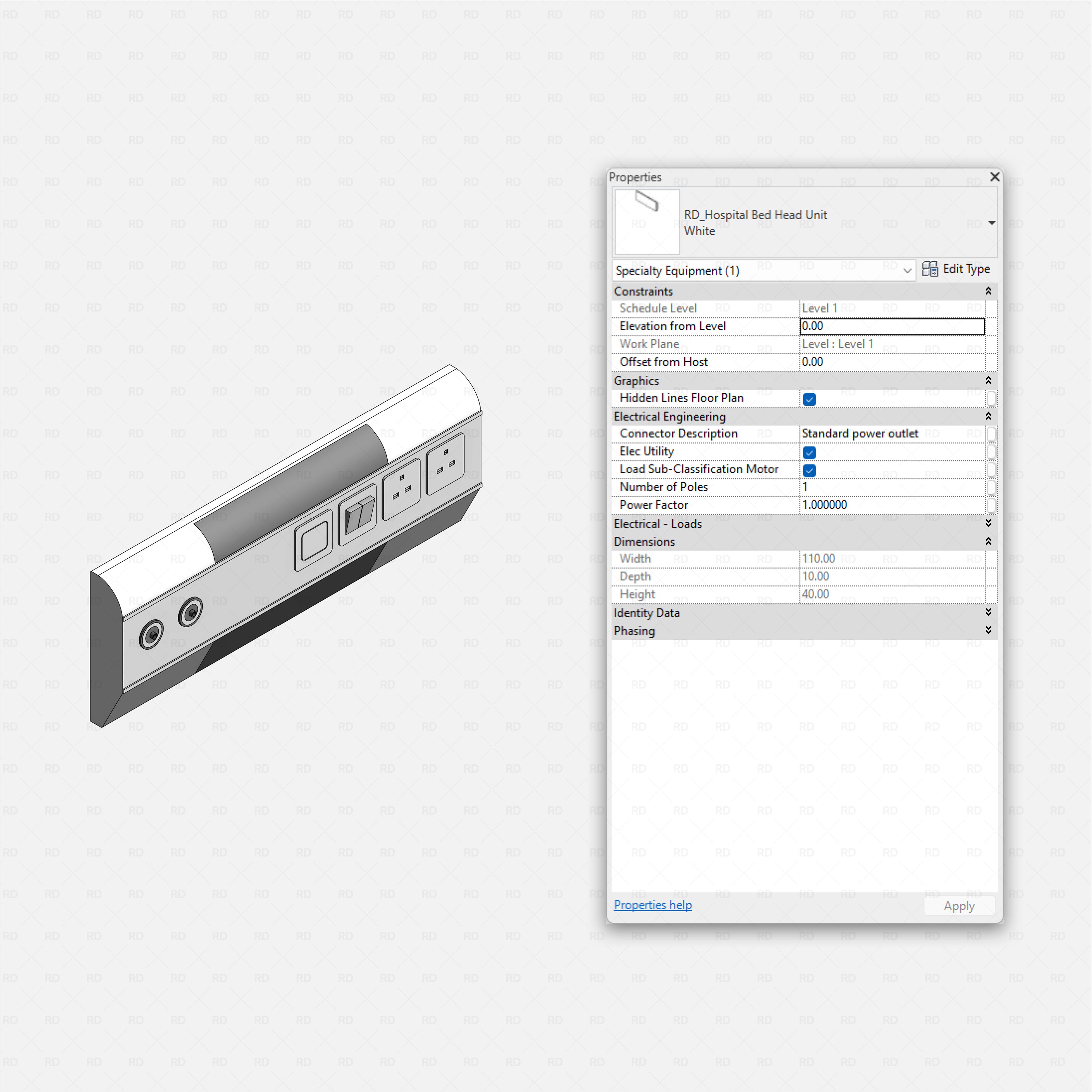 Revit Hospital Furniture and Medical Equipment RD Studio BIM blocks rfa hospital bed head unit with power and gas outlets