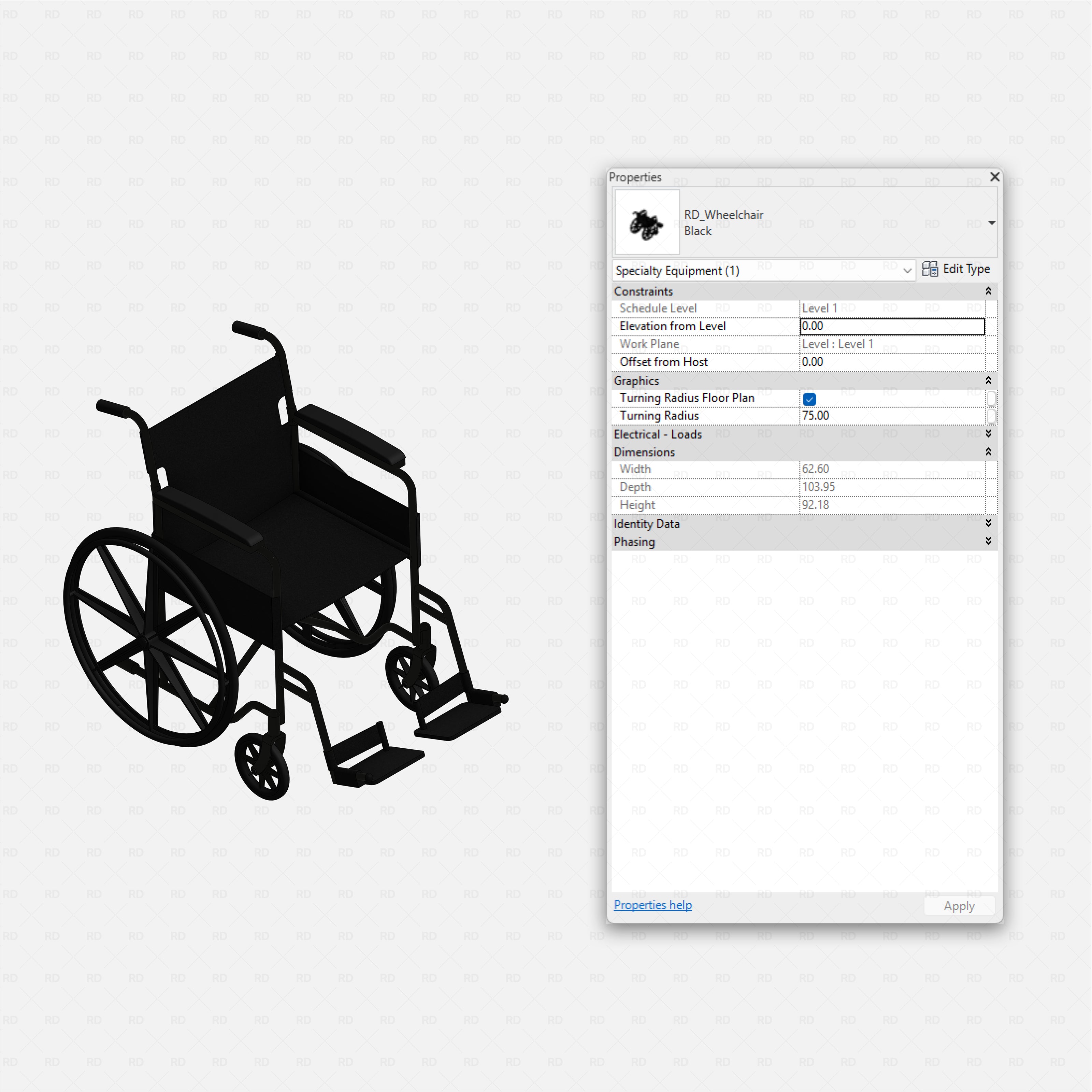 Revit Hospital Furniture and Medical Equipment RD Studio BIM blocks rfa standard wheelchair equipment with footrests