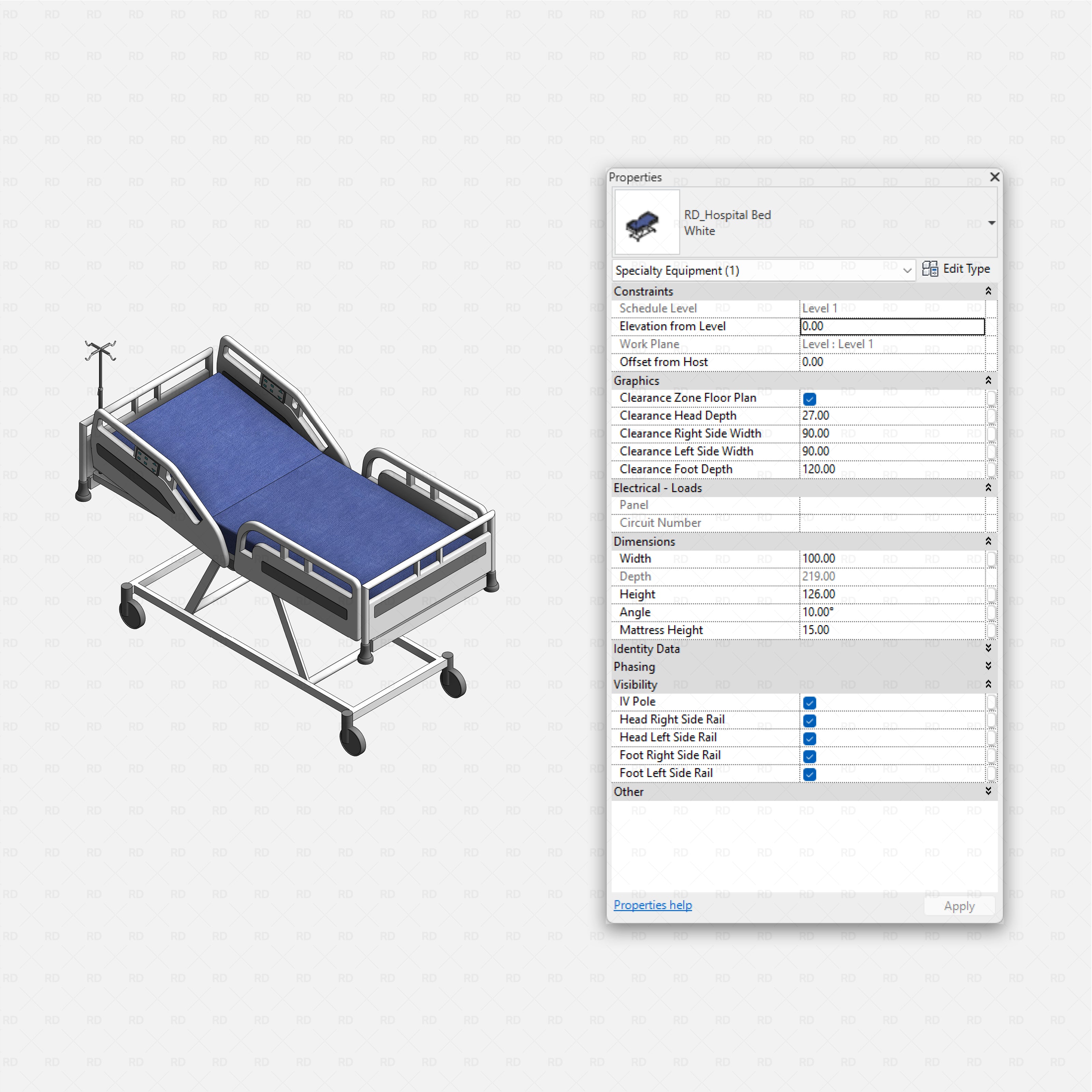 Revit Hospital Furniture and Medical Equipment RD Studio BIM blocks rfa adjustable hospital bed with side rails and IV pole