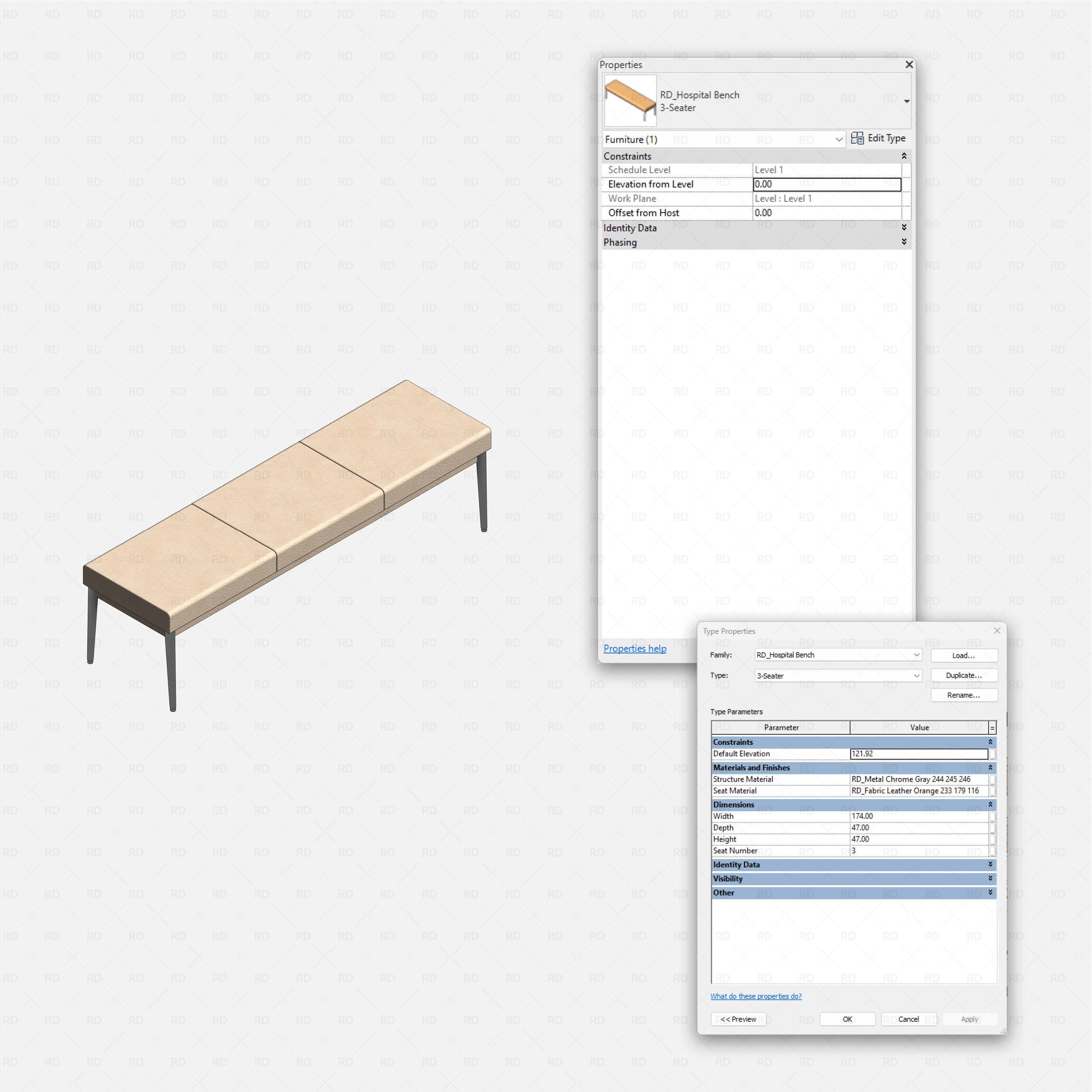 Revit Hospital Furniture and Medical Equipment RD Studio BIM blocks rfa three seat upholstered waiting bench with metal legs