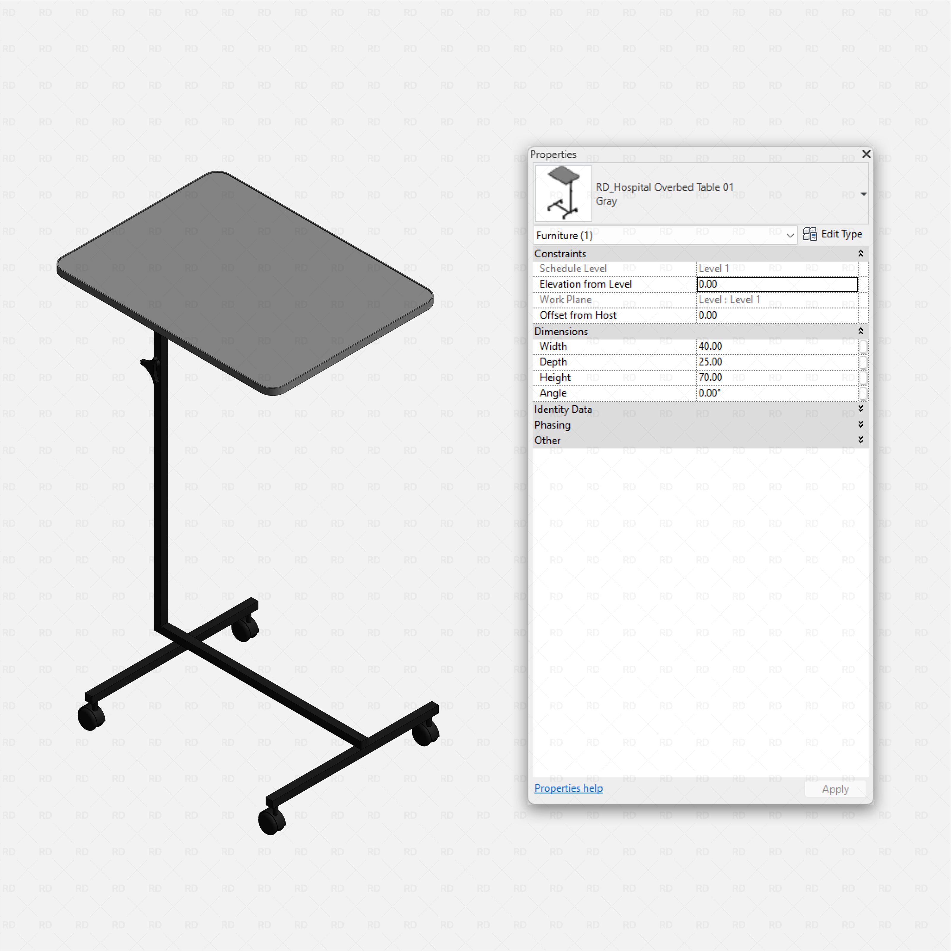 Revit Hospital Furniture and Medical Equipment RD Studio BIM blocks rfa simple gray overbed table on wheeled base