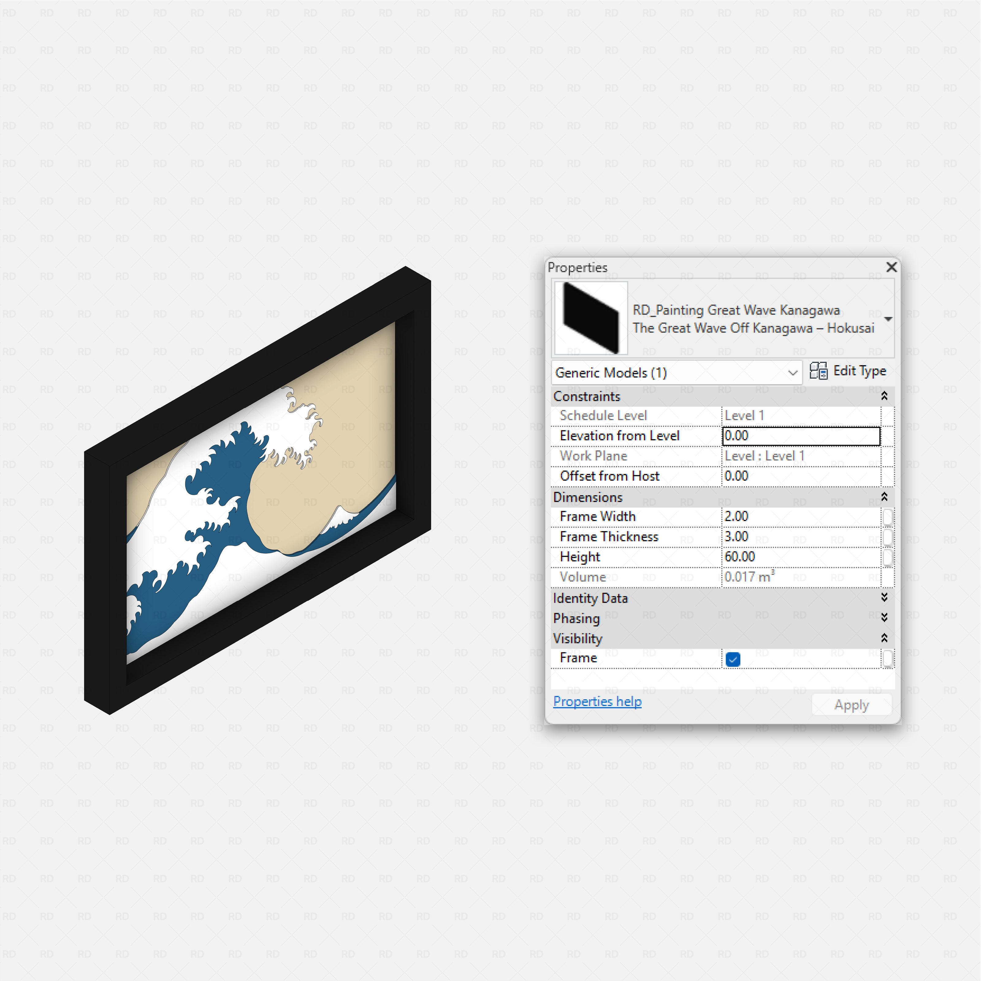 revit famous painting RD Studio BIM blocks rfa – Great Wave off Kanagawa framed print with parameters