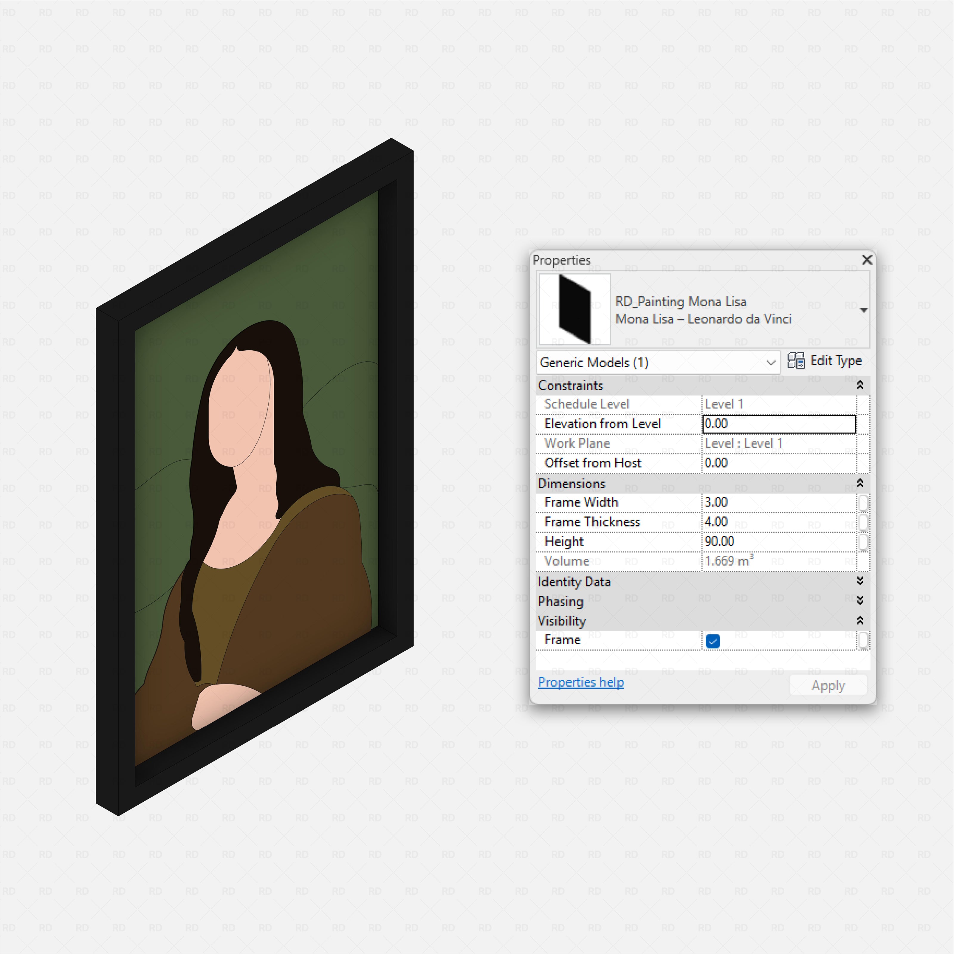 revit famous painting RD Studio BIM blocks rfa – Mona Lisa framed artwork showing Revit type settings