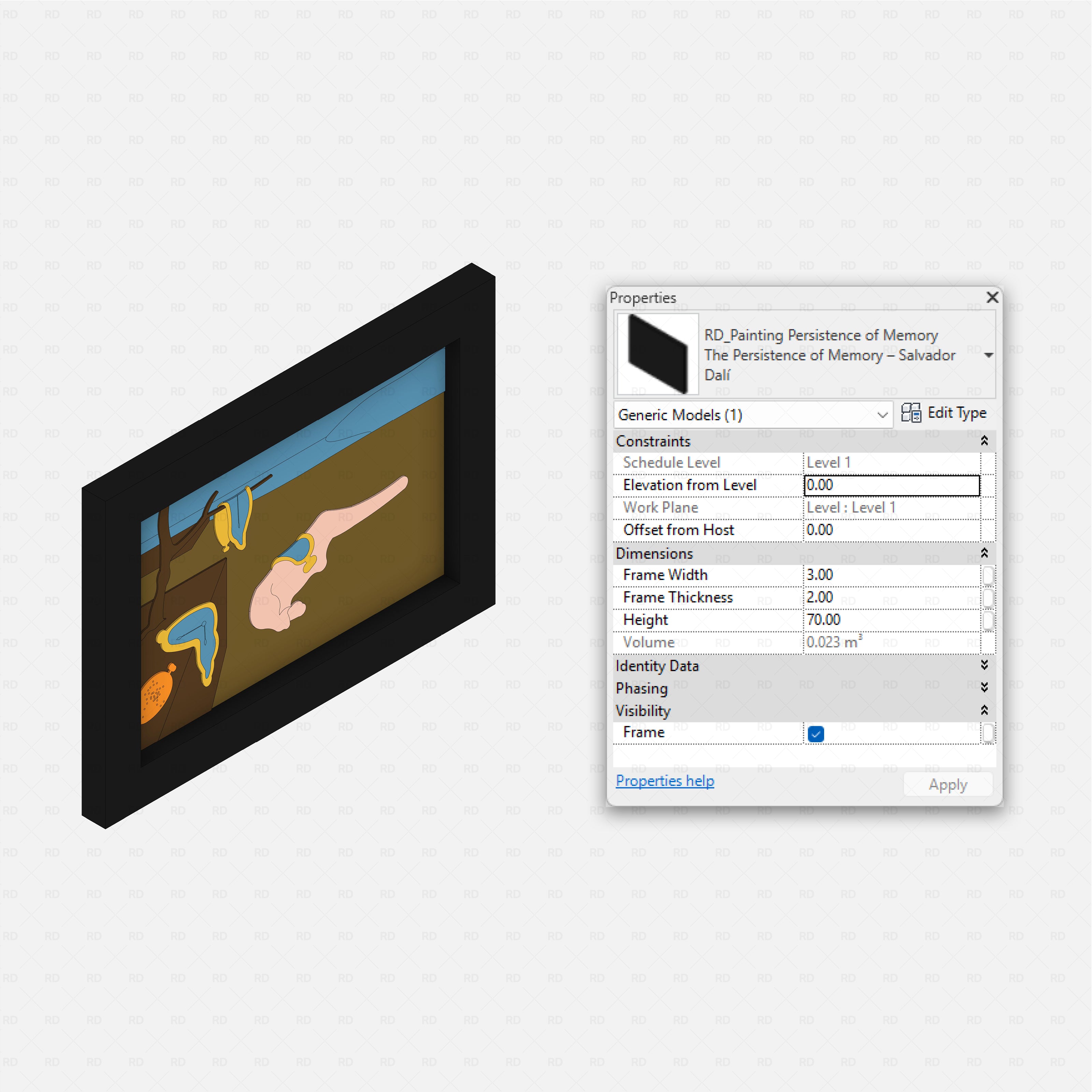 revit famous painting RD Studio BIM blocks rfa Dali Persistence of Memory framed model view with editable frame size.