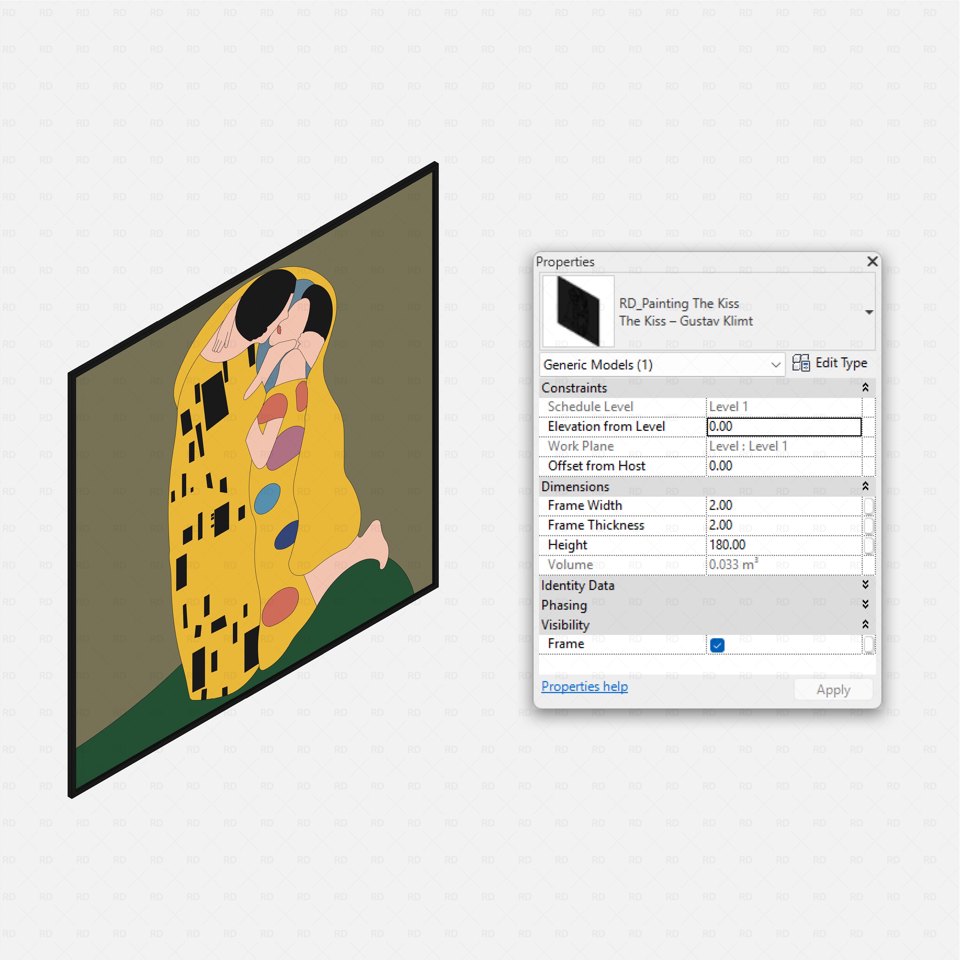 revit famous painting RD Studio BIM blocks rfa Klimt The Kiss large canvas family with adjustable height and frame.