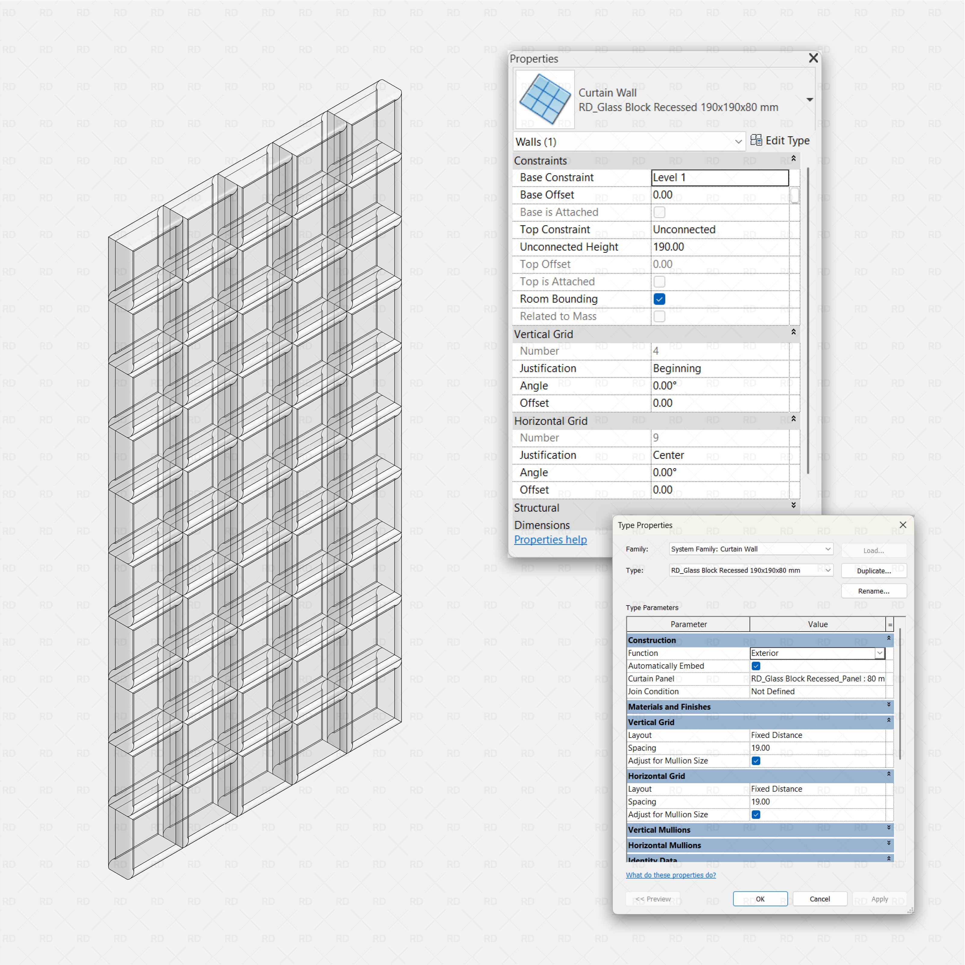 Revit Glass Blocks (Curtain Walls) Pack RD Studio BIM blocks rfa wireframe glass block curtain wall with grids and dialog