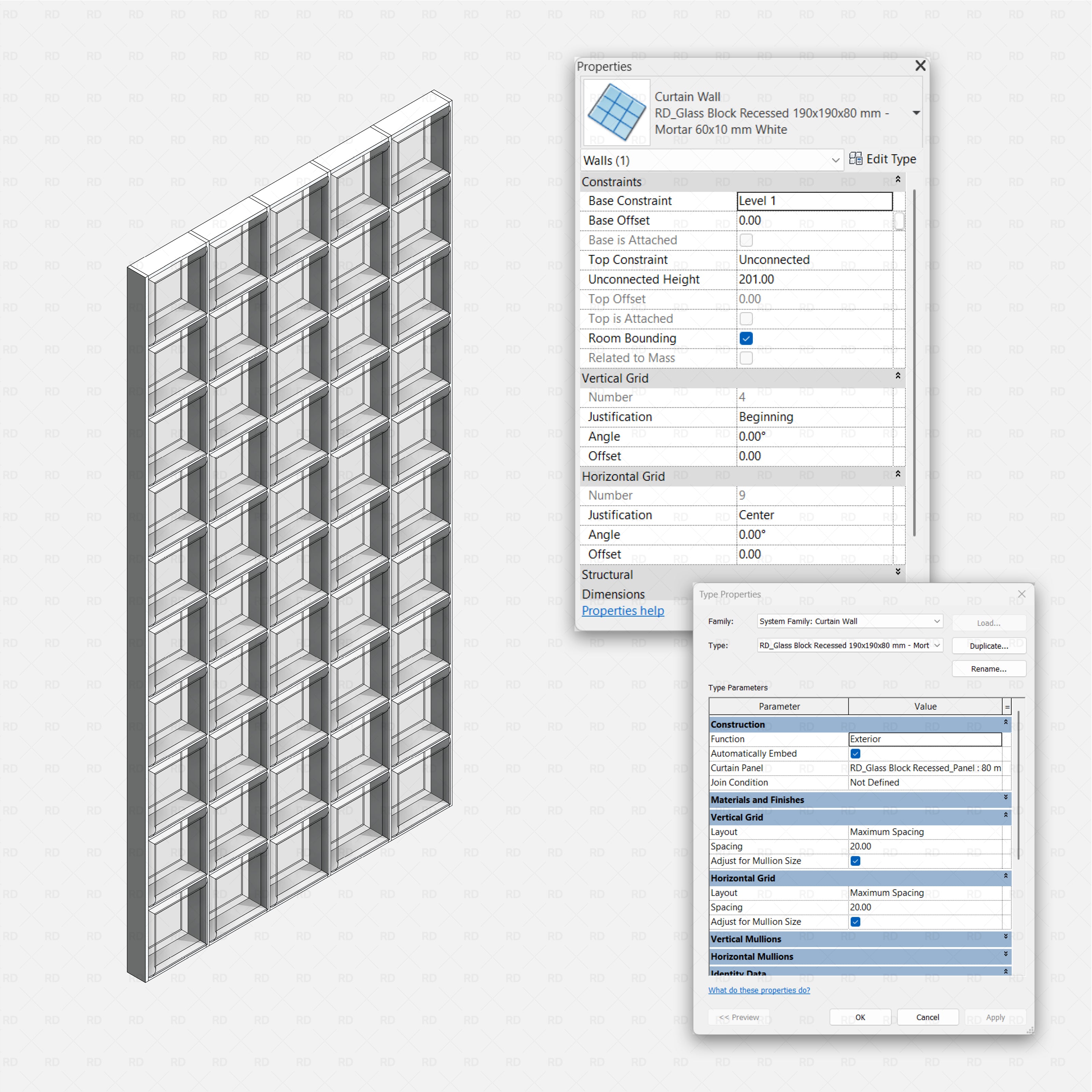 Revit Glass Blocks (Curtain Walls) Pack RD Studio BIM blocks rfa white glass block curtain wall sample with type dialog
