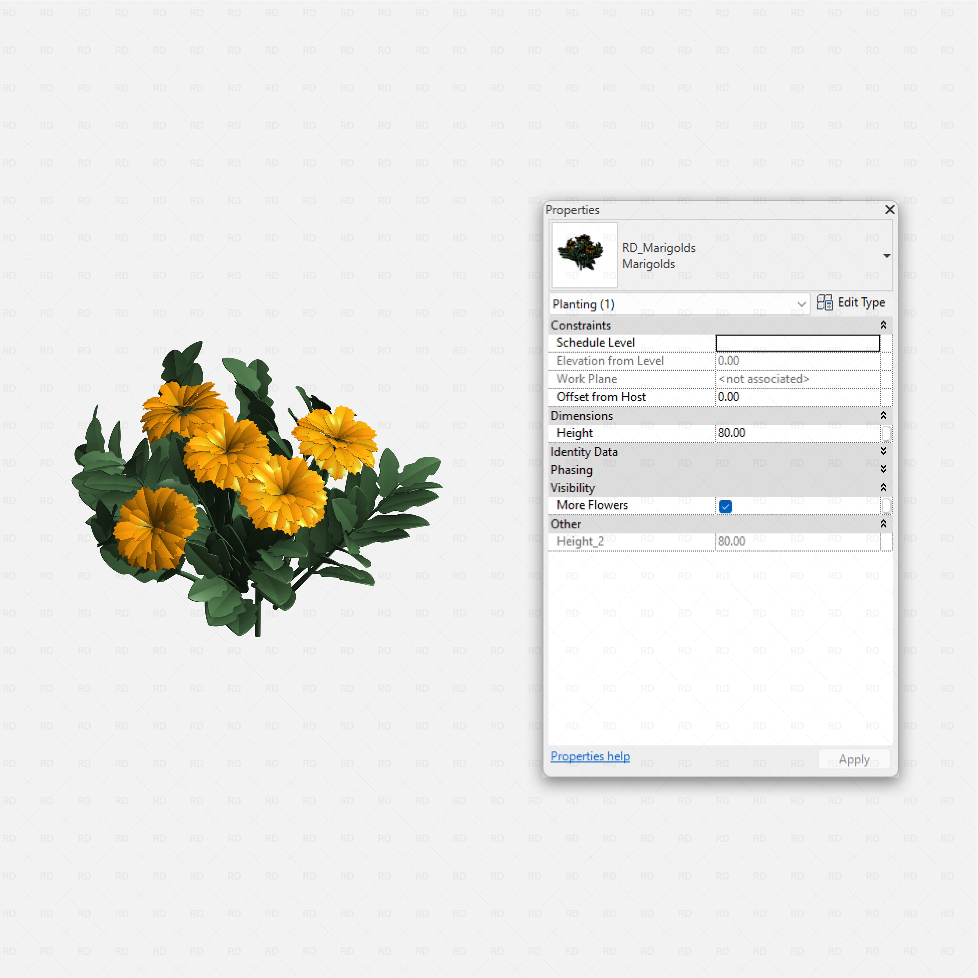 Revit Greenhouse Plants - Herbs and Ground Companions Pack RD Studio BIM blocks rfa yellow marigold flower cluster for beds