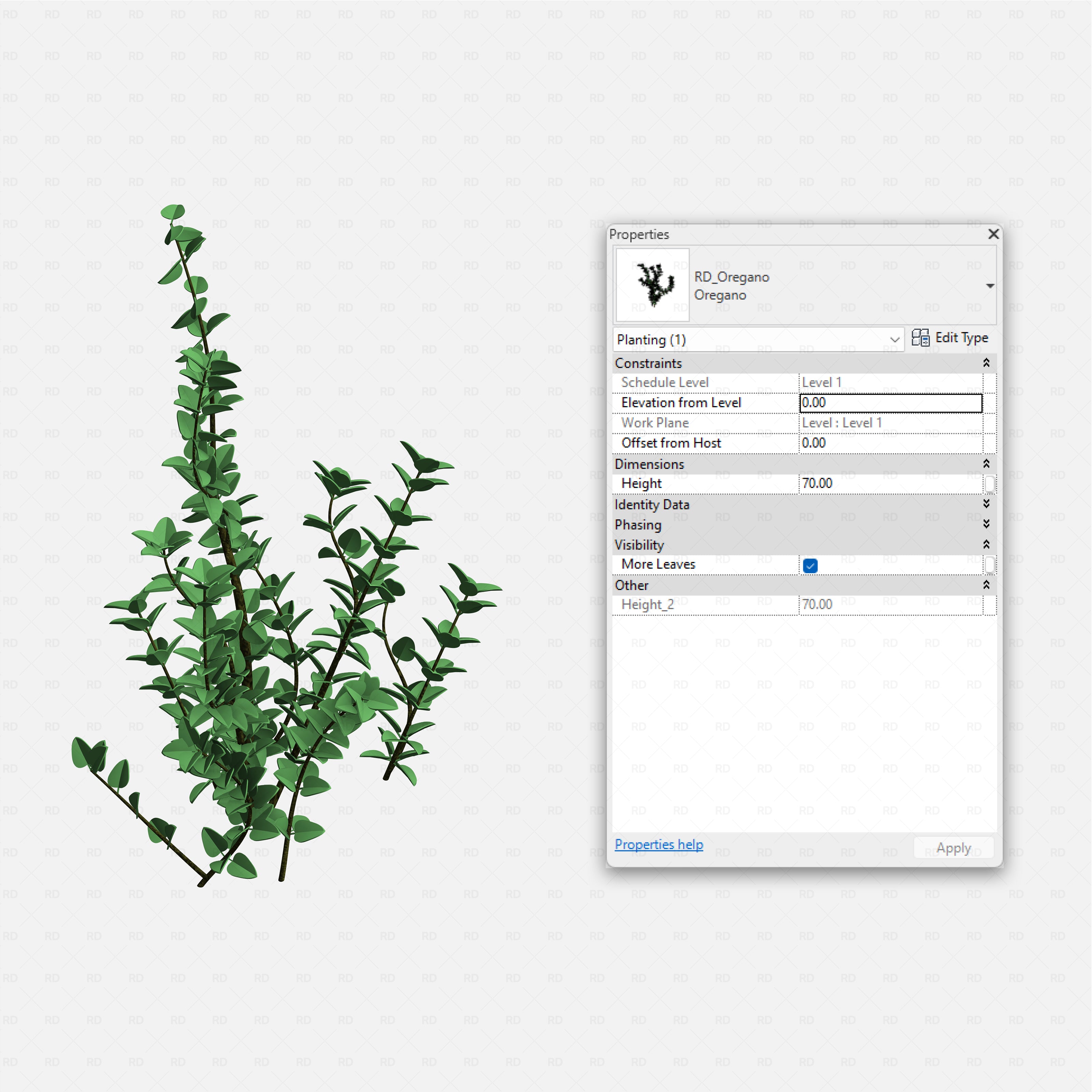 Revit Greenhouse Plants - Herbs and Ground Companions Pack RD Studio BIM blocks rfa oregano herb with slender branching stems
