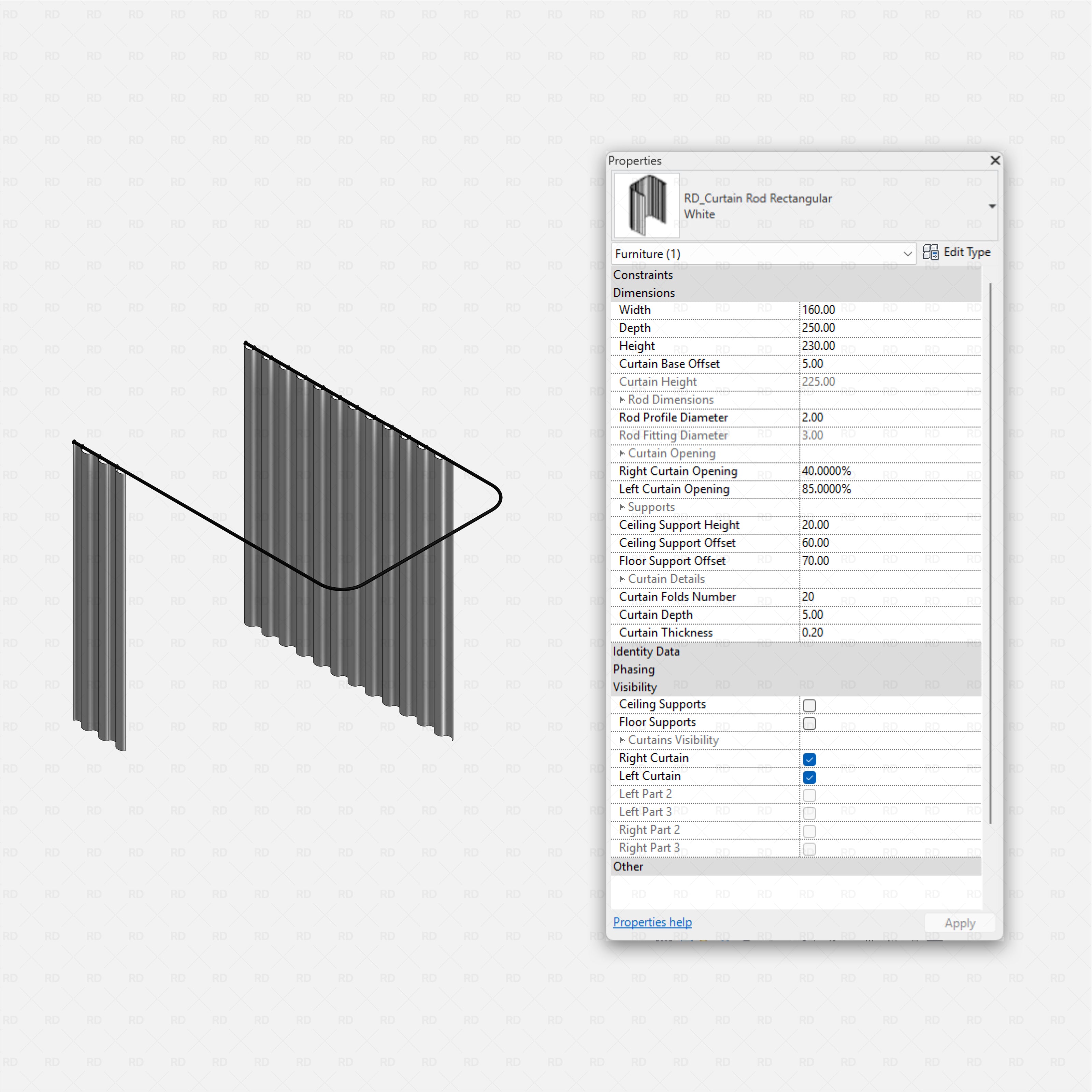 Revit Hospital ICU Room RD Studio BIM blocks rfa - rectangular curtain rail with folds and adjustable support options