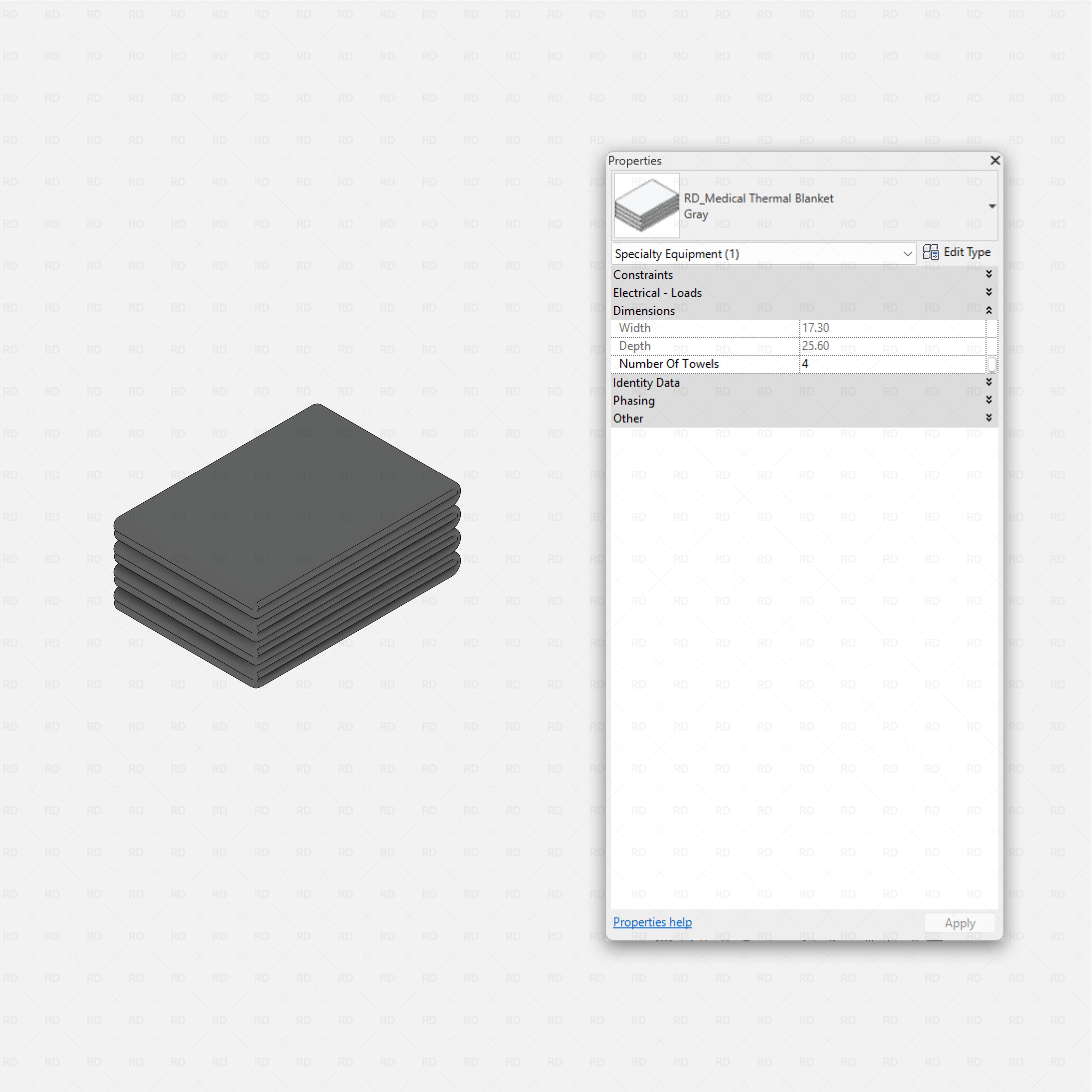 Revit Hospital ICU Room RD Studio BIM blocks rfa, stack of thermal blankets with size and count parameters
