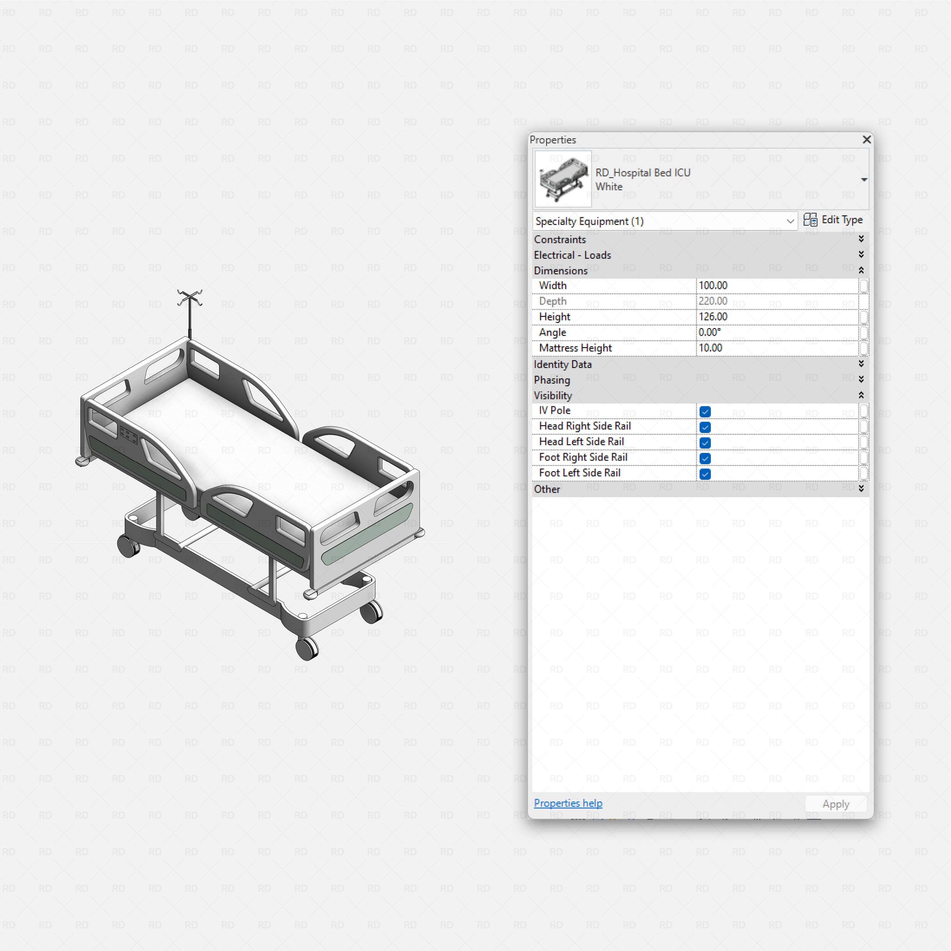 Revit Hospital ICU Room RD Studio BIM blocks rfa - ICU bed with side rails and IV pole, adjustable parameters shown