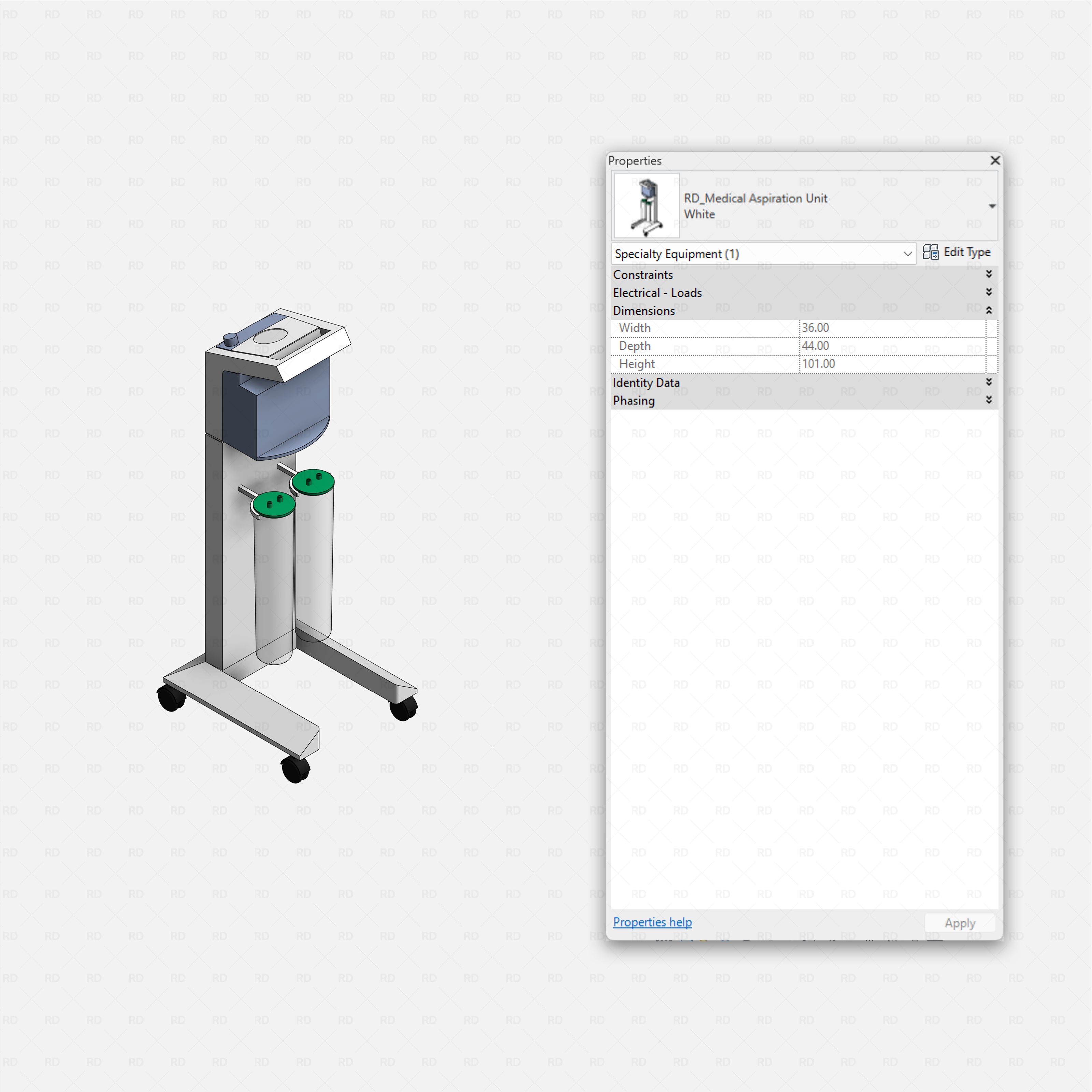 Revit Hospital ICU Room RD Studio BIM blocks rfa - medical aspiration unit on wheeled stand with twin cylinders