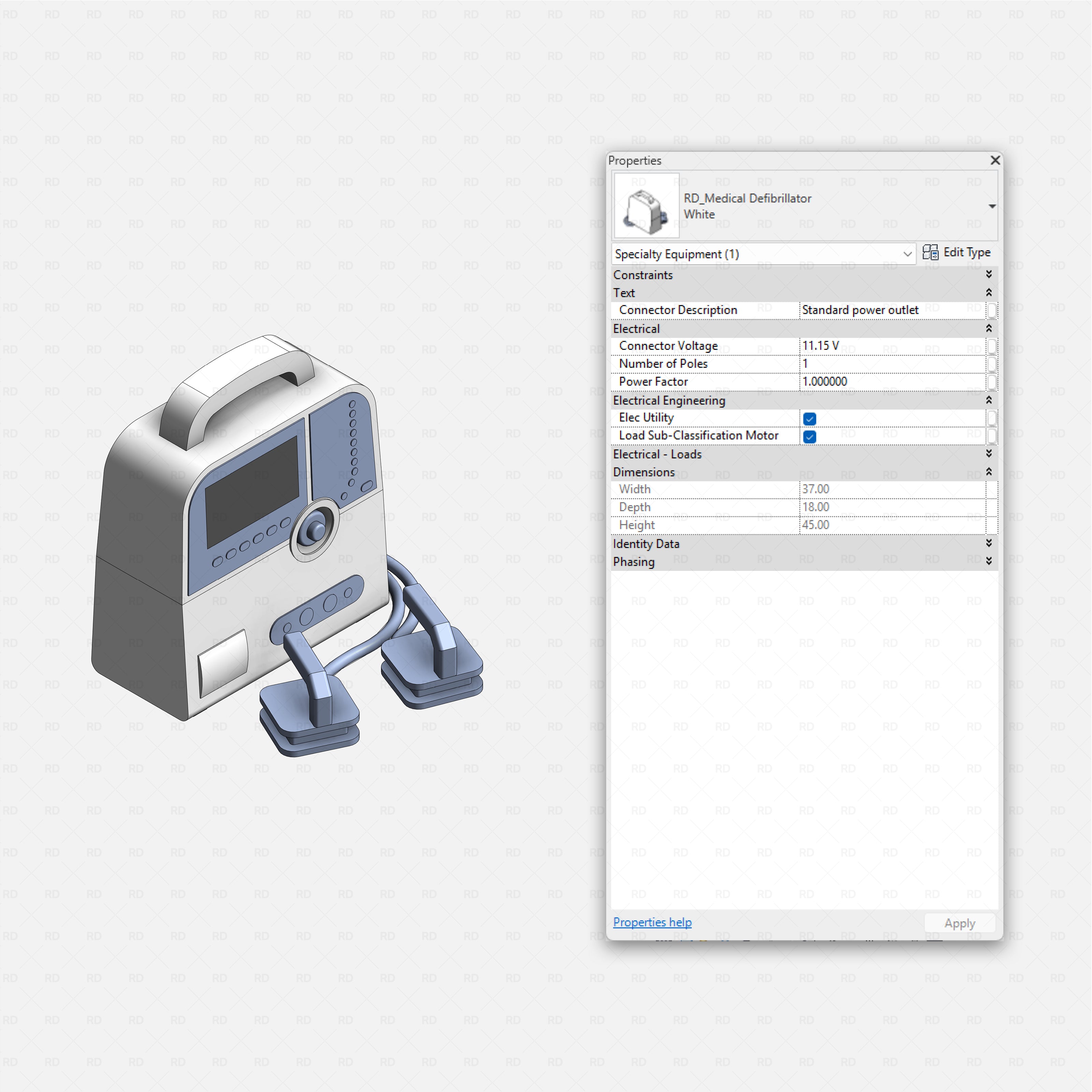 Revit Hospital ICU Room RD Studio BIM blocks rfa - defibrillator device with paddles, electrical parameters visible
