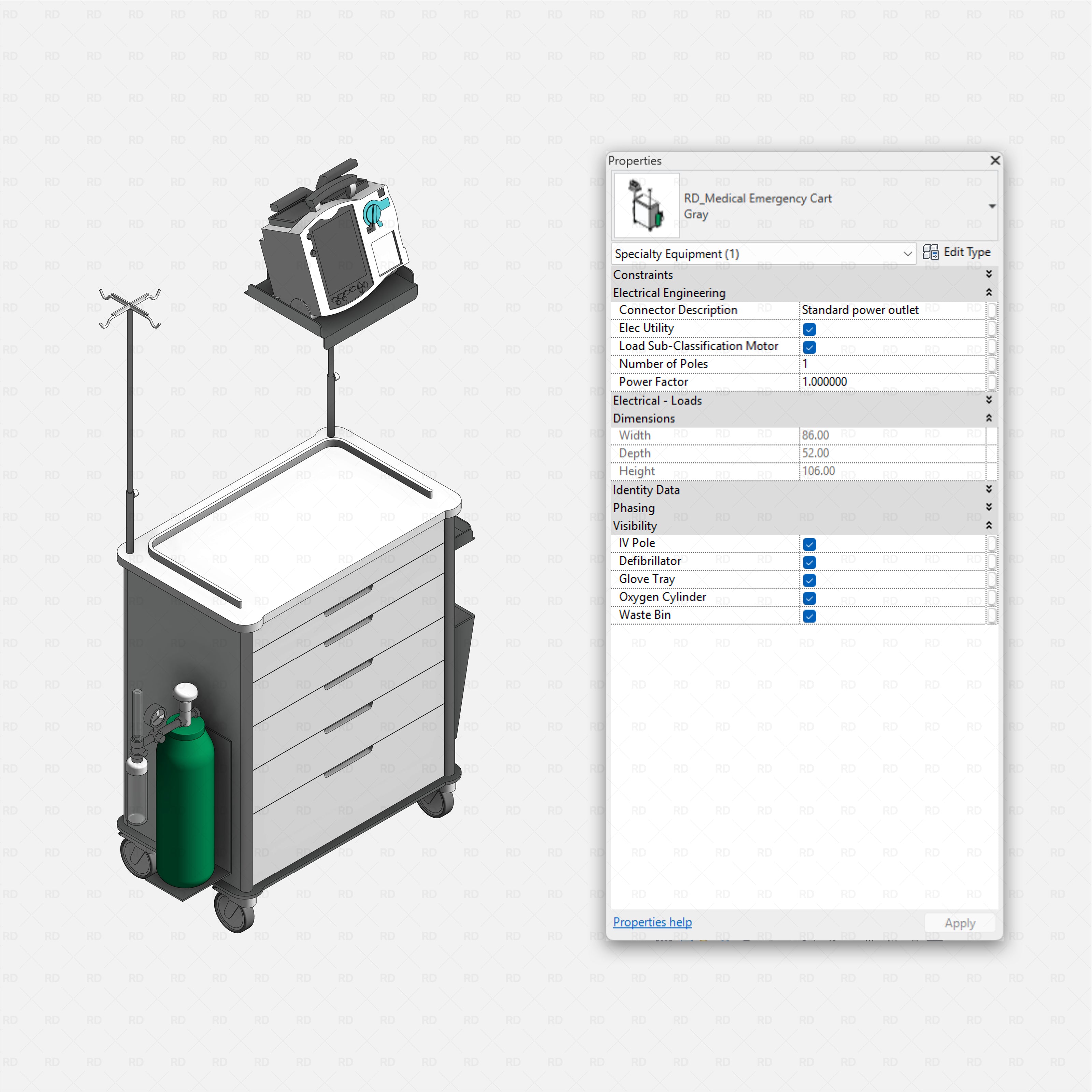 Revit Hospital ICU Room RD Studio BIM blocks rfa - defibrillator device with paddles, electrical parameters visible