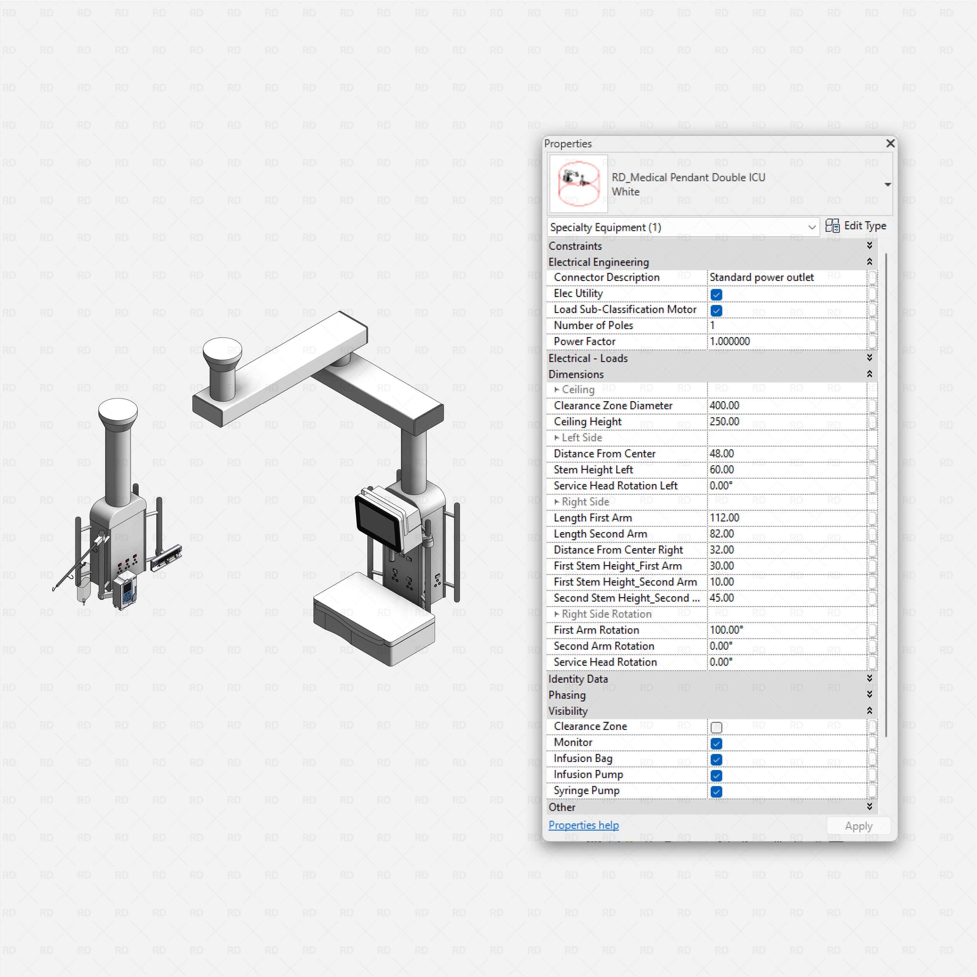 Revit Hospital ICU Room RD Studio BIM blocks rfa, double ICU ceiling pendant with arms, monitor and shelf