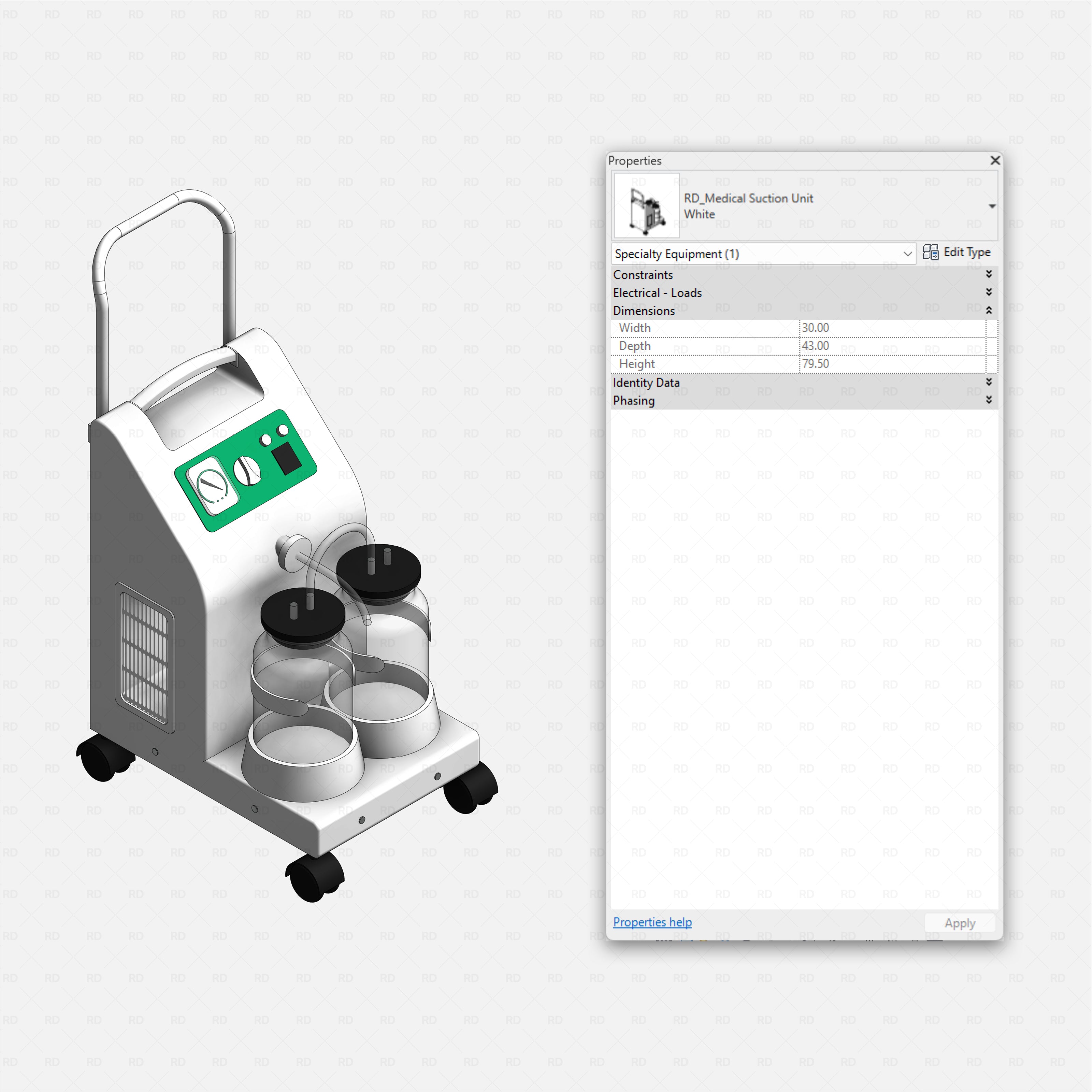 Revit Hospital ICU Room RD Studio BIM blocks rfa, portable medical suction unit on wheels with collection jars