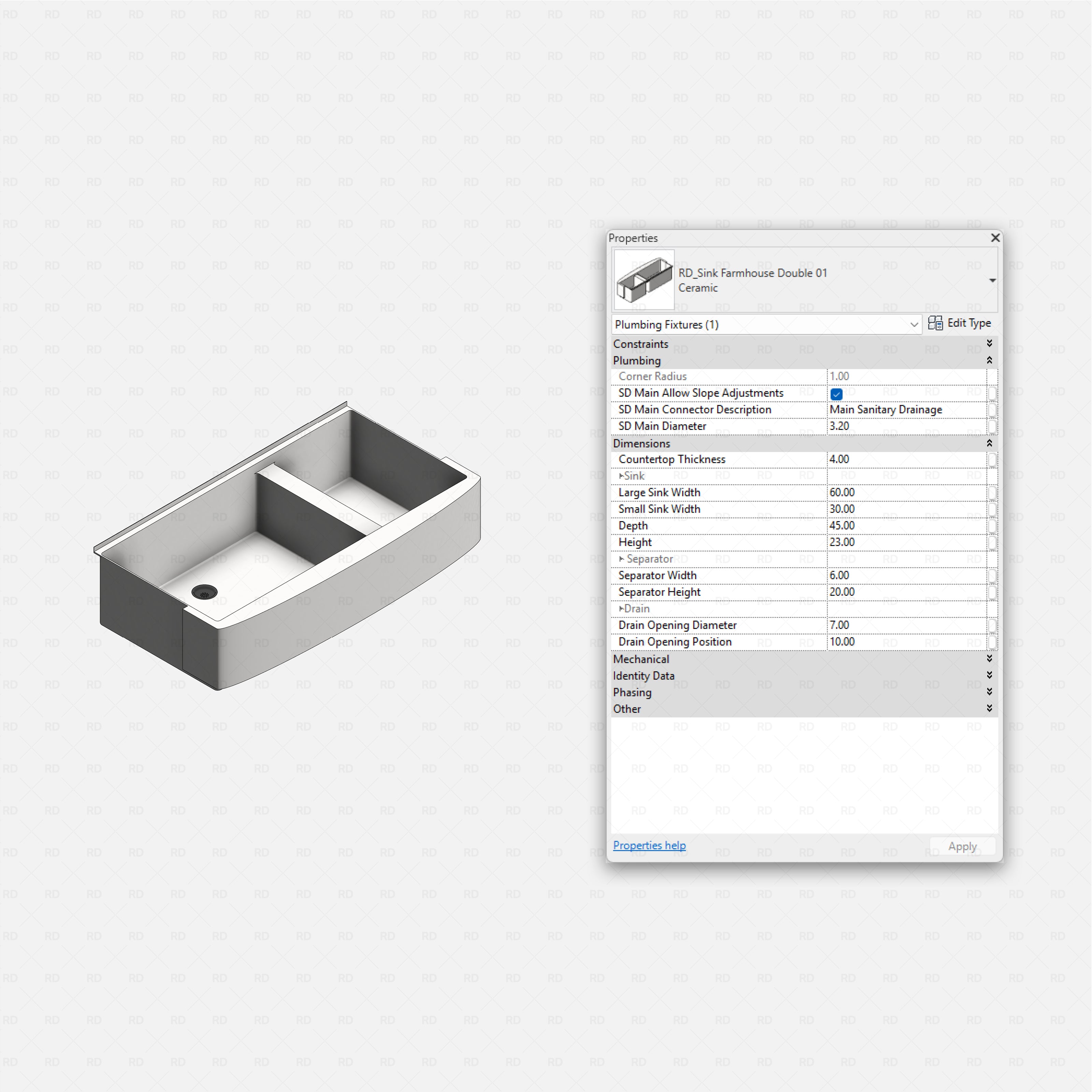 revit kitchen sink RD Studio BIM blocks rfa - farmhouse double bowl 01 with parameters visible