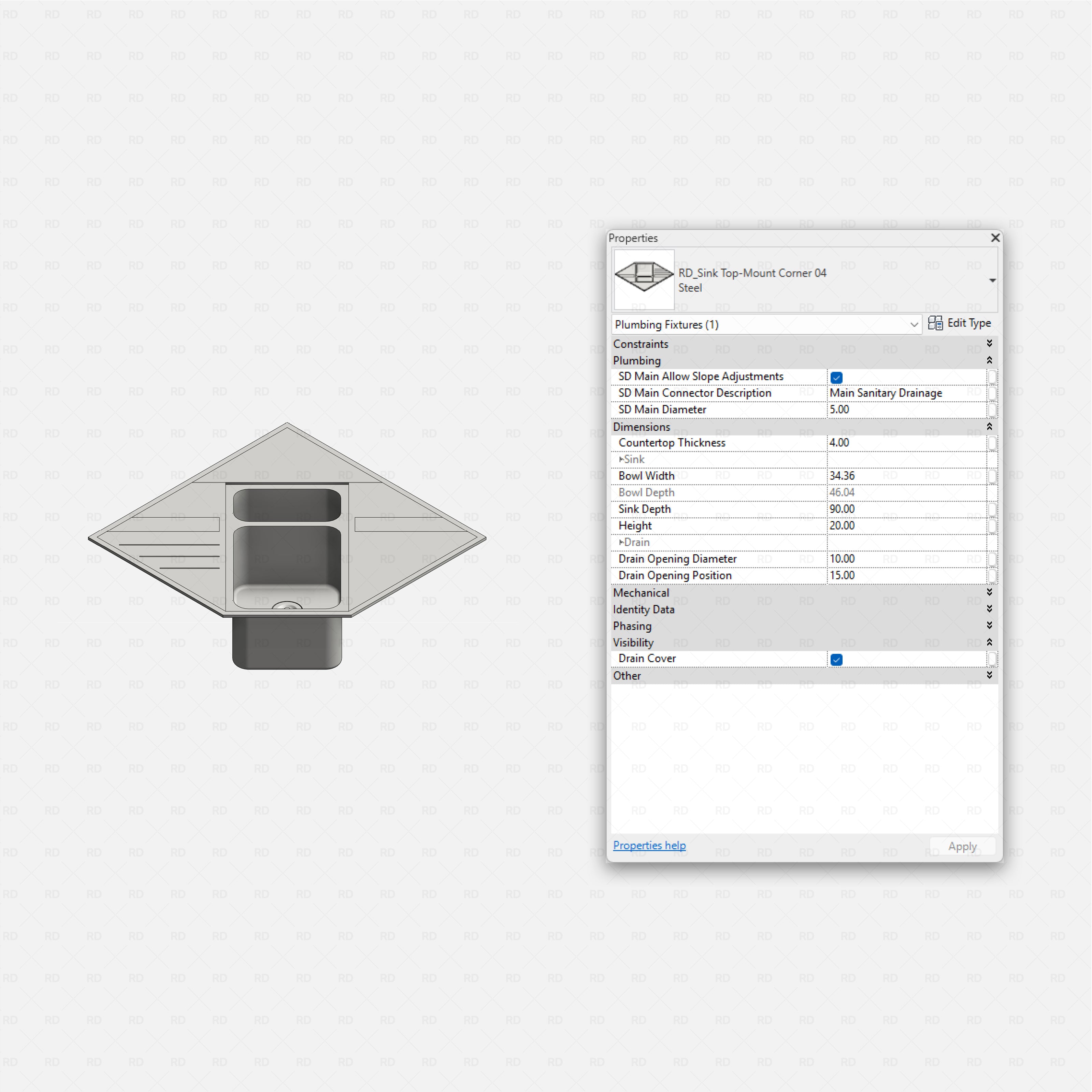 revit kitchen sink RD Studio BIM blocks rfa top-mount diamond corner sink with single bowl and drainer wings, properties