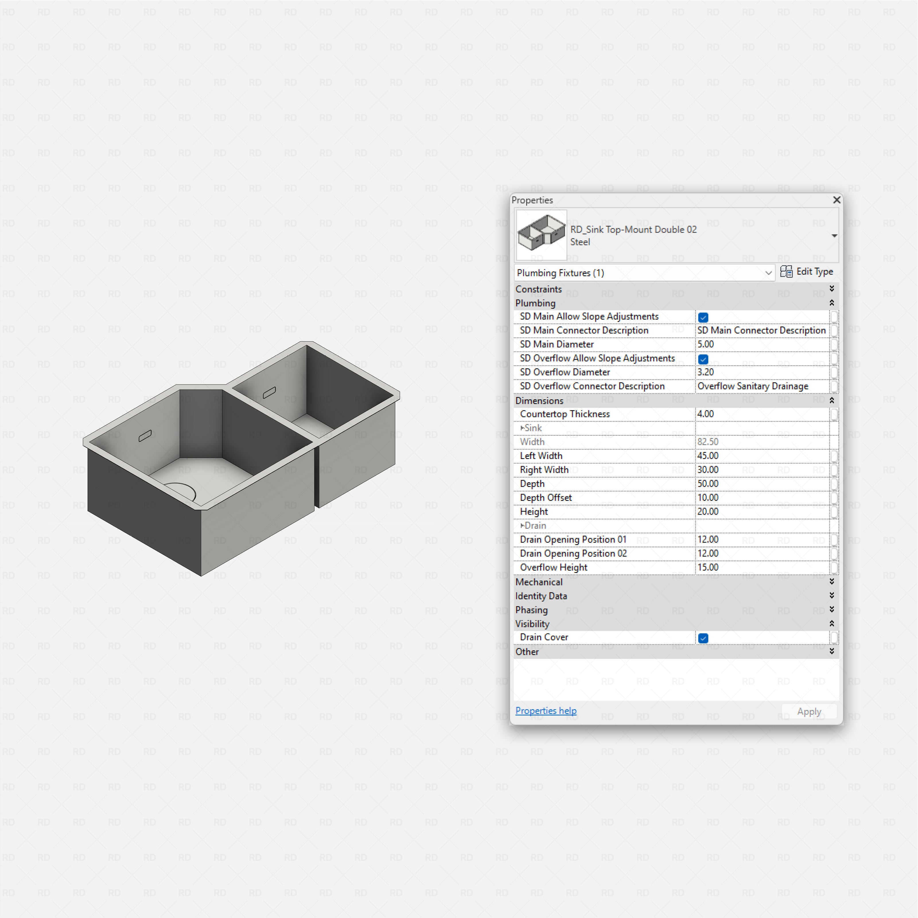 revit kitchen sink RD Studio BIM blocks rfa top-mount double steel sink with angled corners and dual drains, properties