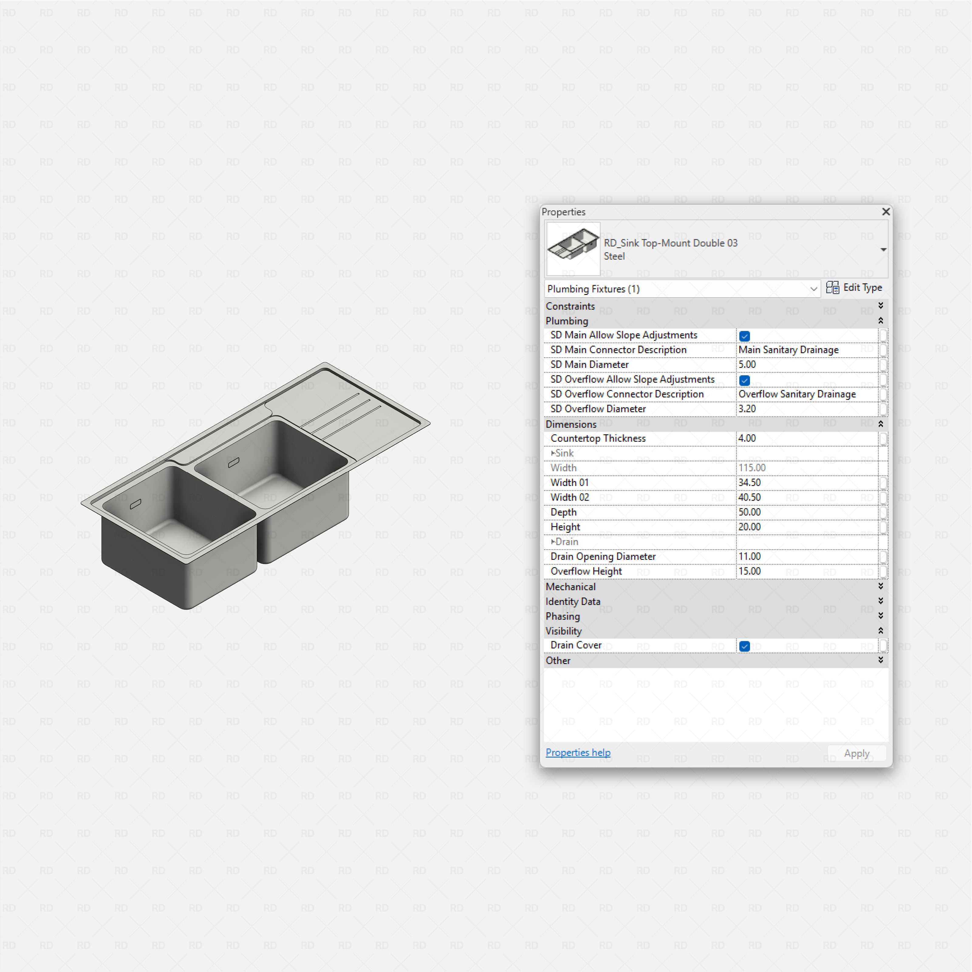 revit kitchen sink RD Studio BIM blocks rfa top-mount double sink with large drainboard, shaded isometric