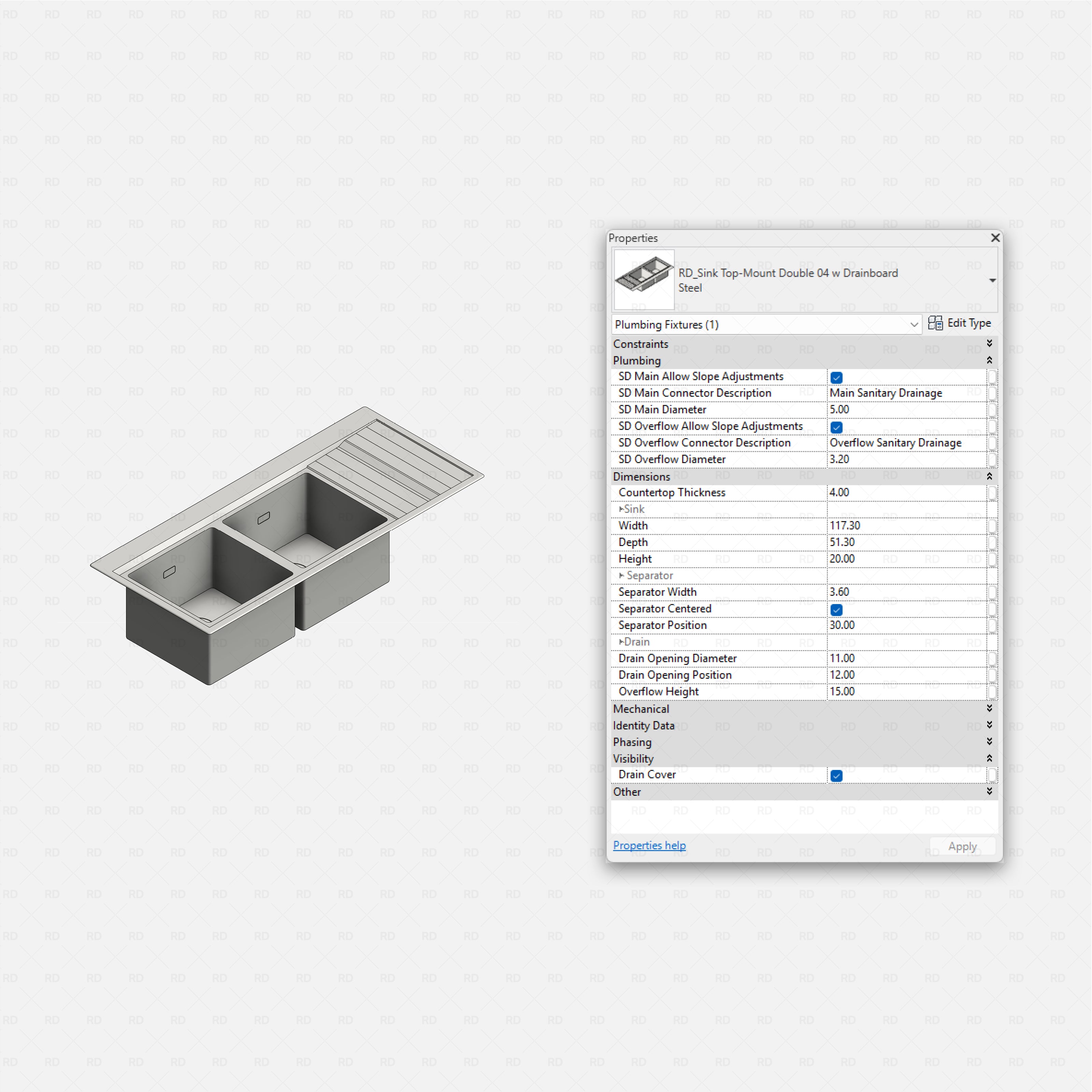 revit kitchen sink RD Studio BIM blocks rfa top-mount double sink with ribbed drainboard, shaded isometric