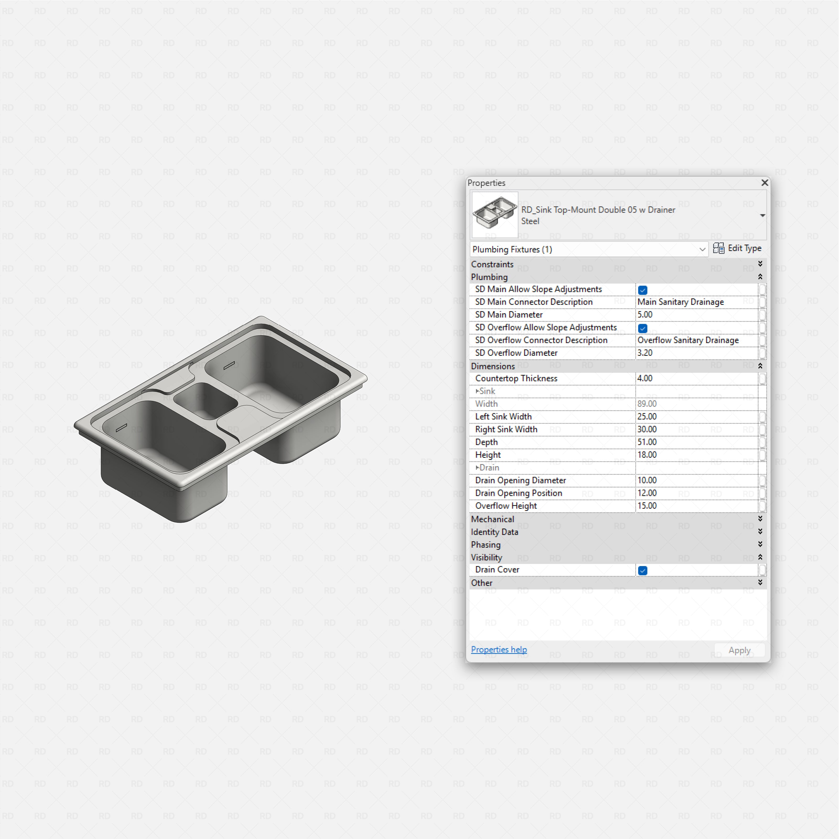 revit kitchen sink RD Studio BIM blocks rfa top-mount triple-bowl sink, small center bowl, shaded