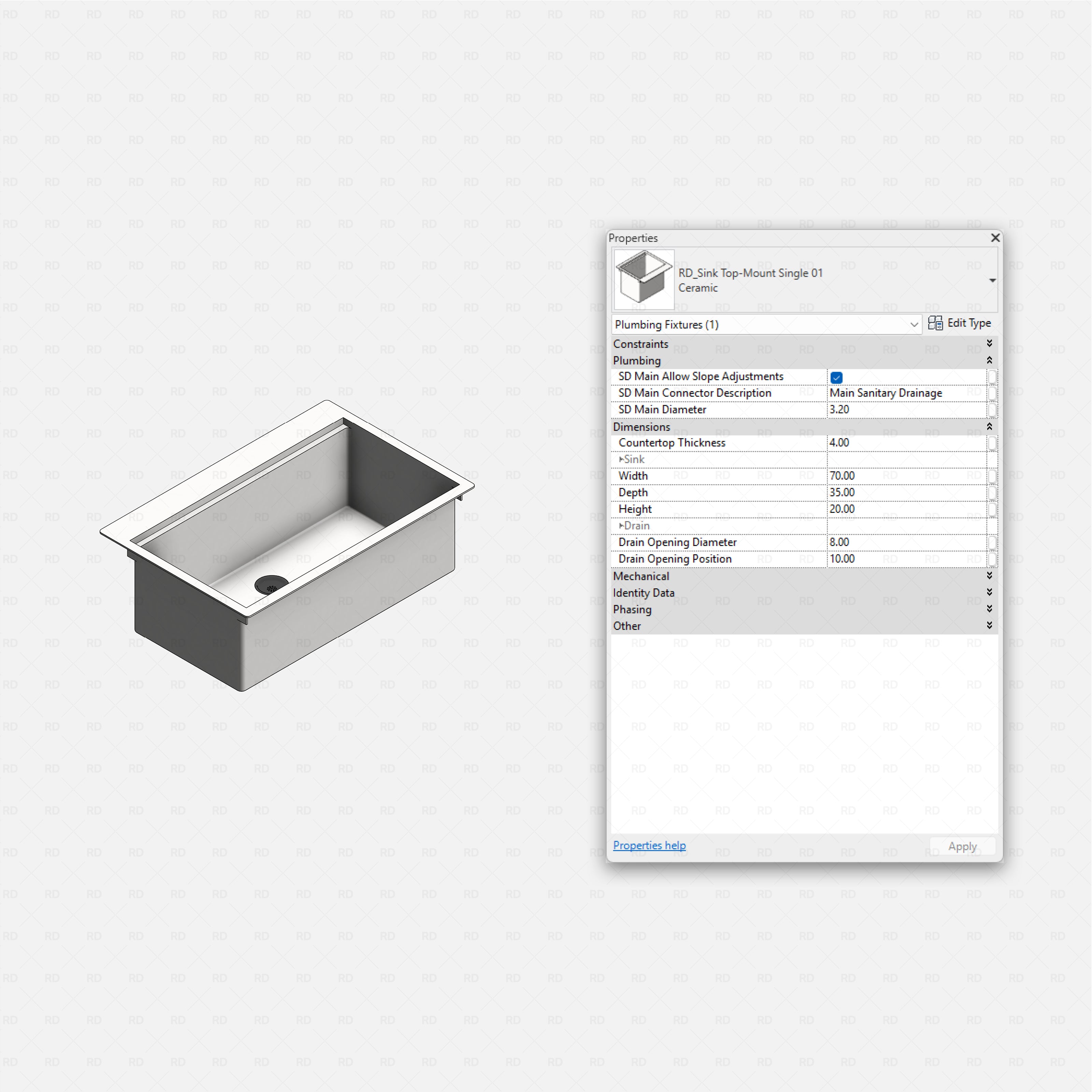 revit kitchen sink RD Studio BIM blocks rfa top-mount single rectangular sink, ceramic, shaded isometric