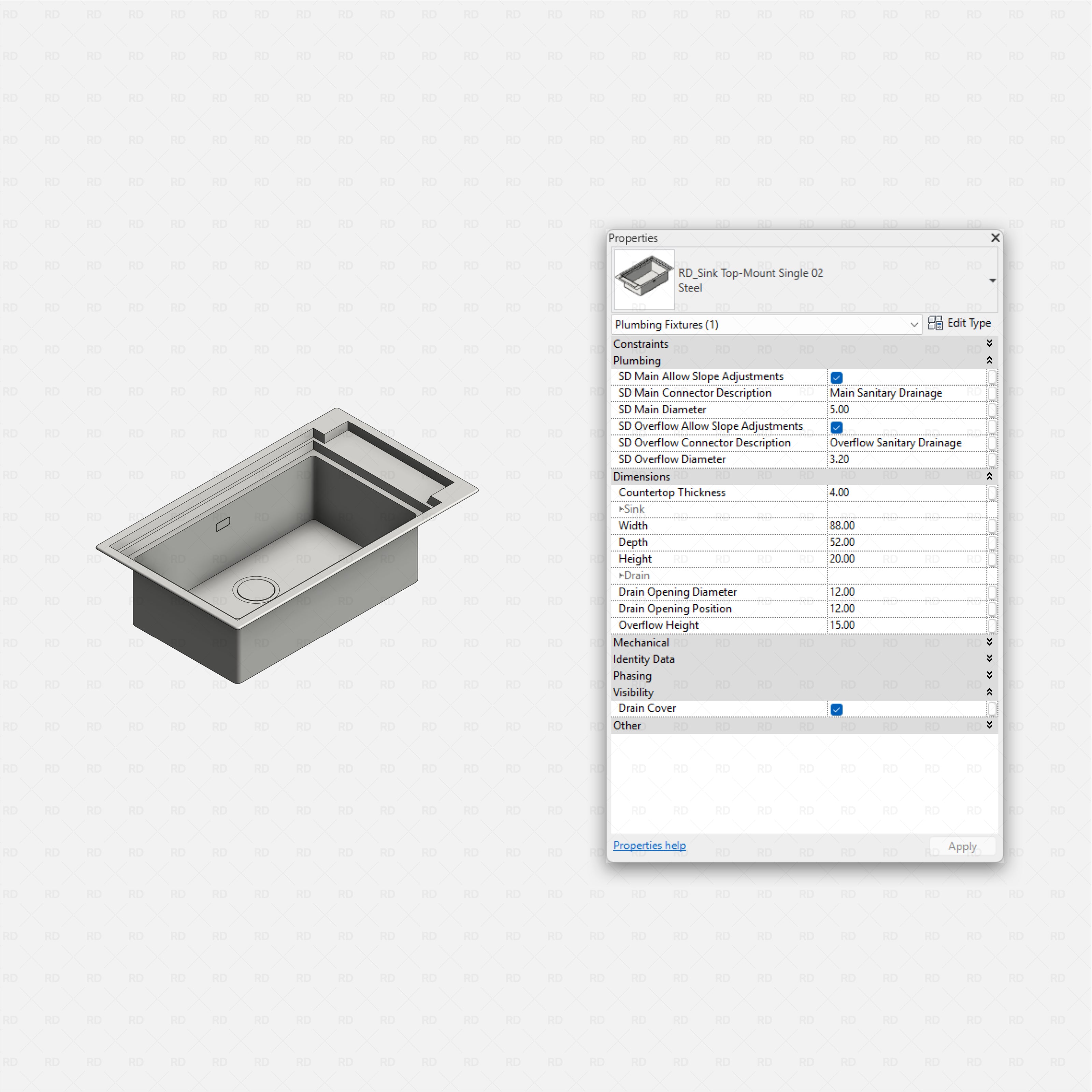 revit kitchen sink RD Studio BIM blocks rfa top-mount single sink with side rack, steel, shaded