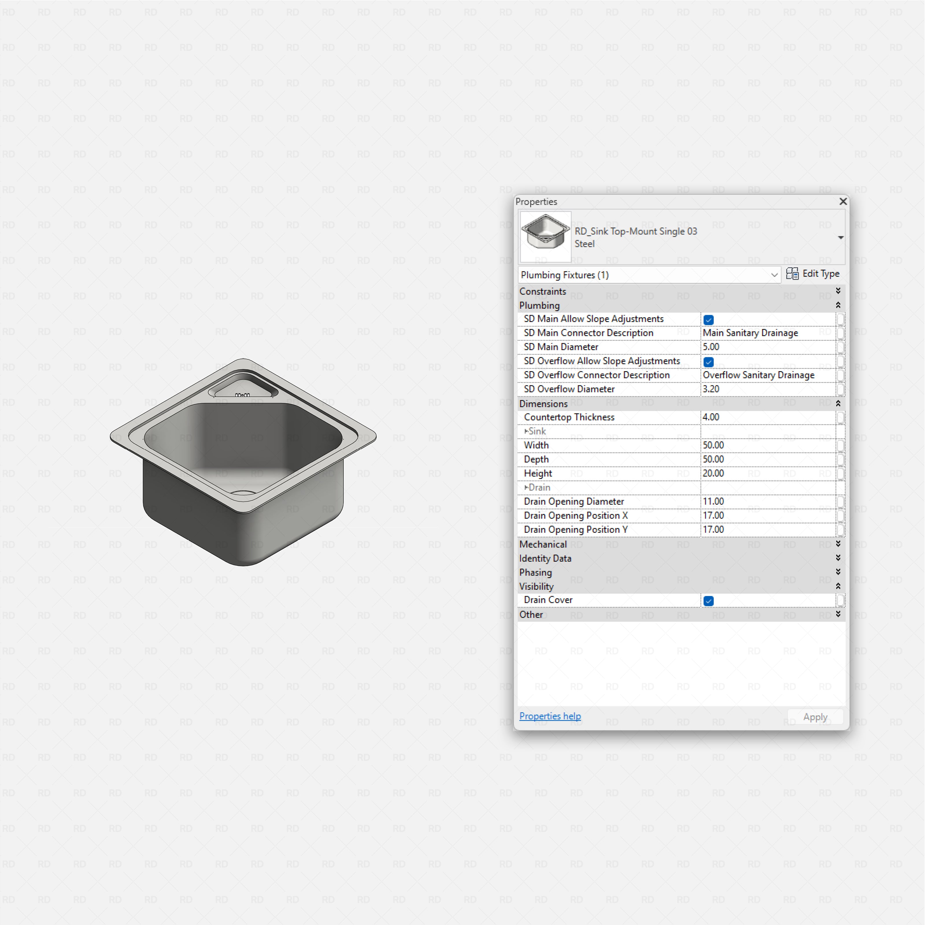 revit kitchen sink RD Studio BIM blocks rfa top-mount small square bar sink, steel, shaded