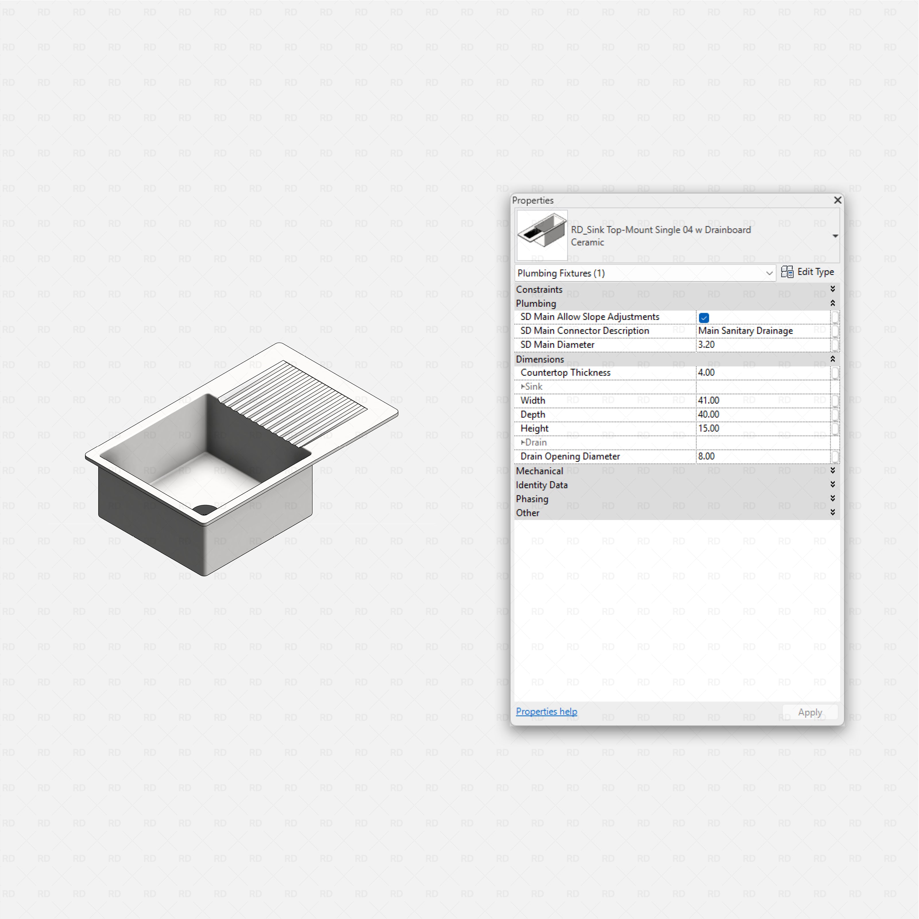 revit kitchen sink RD Studio BIM blocks rfa top-mount single sink with drainboard right, ceramic