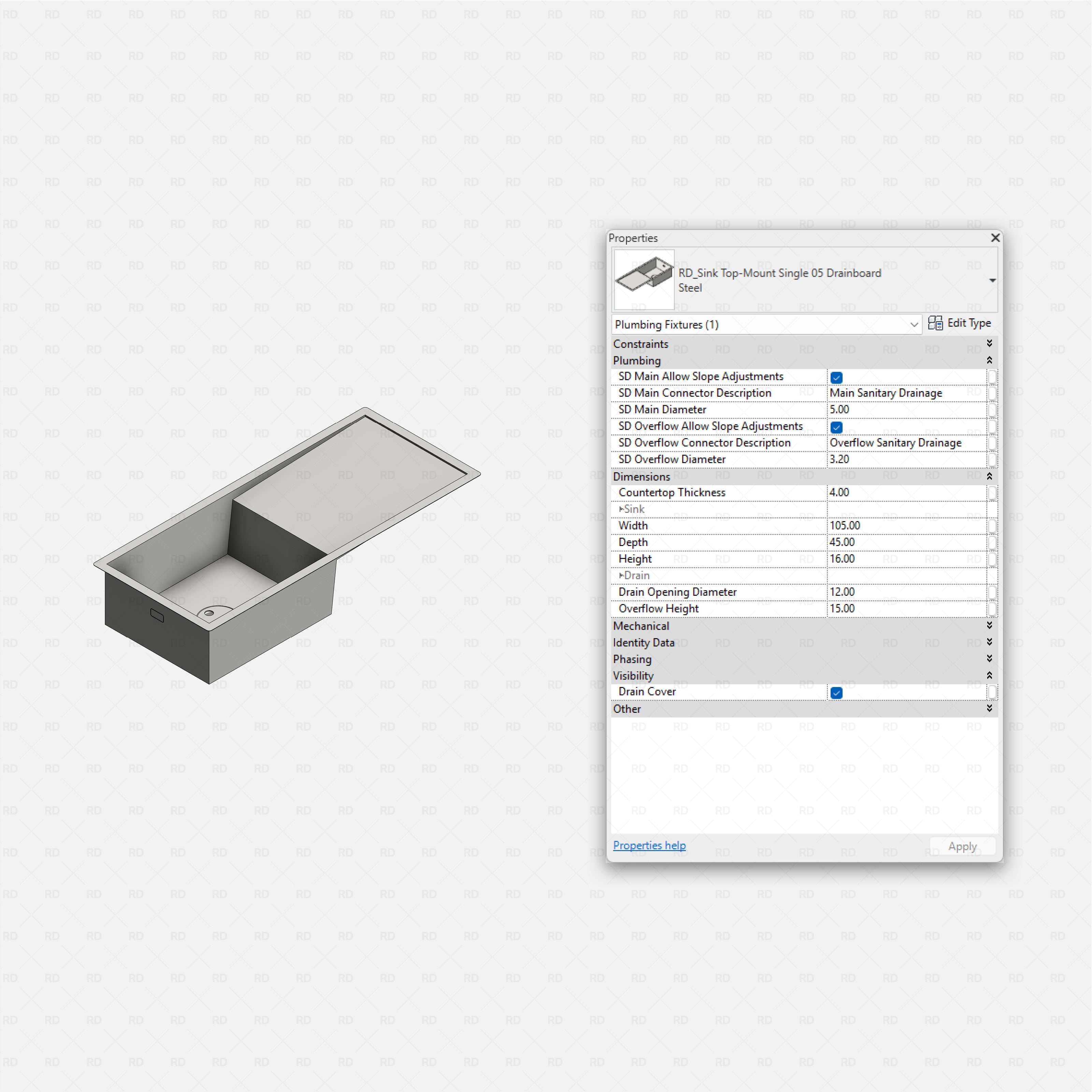 revit kitchen sink RD Studio BIM blocks rfa top-mount single sink with long drainboard, steel