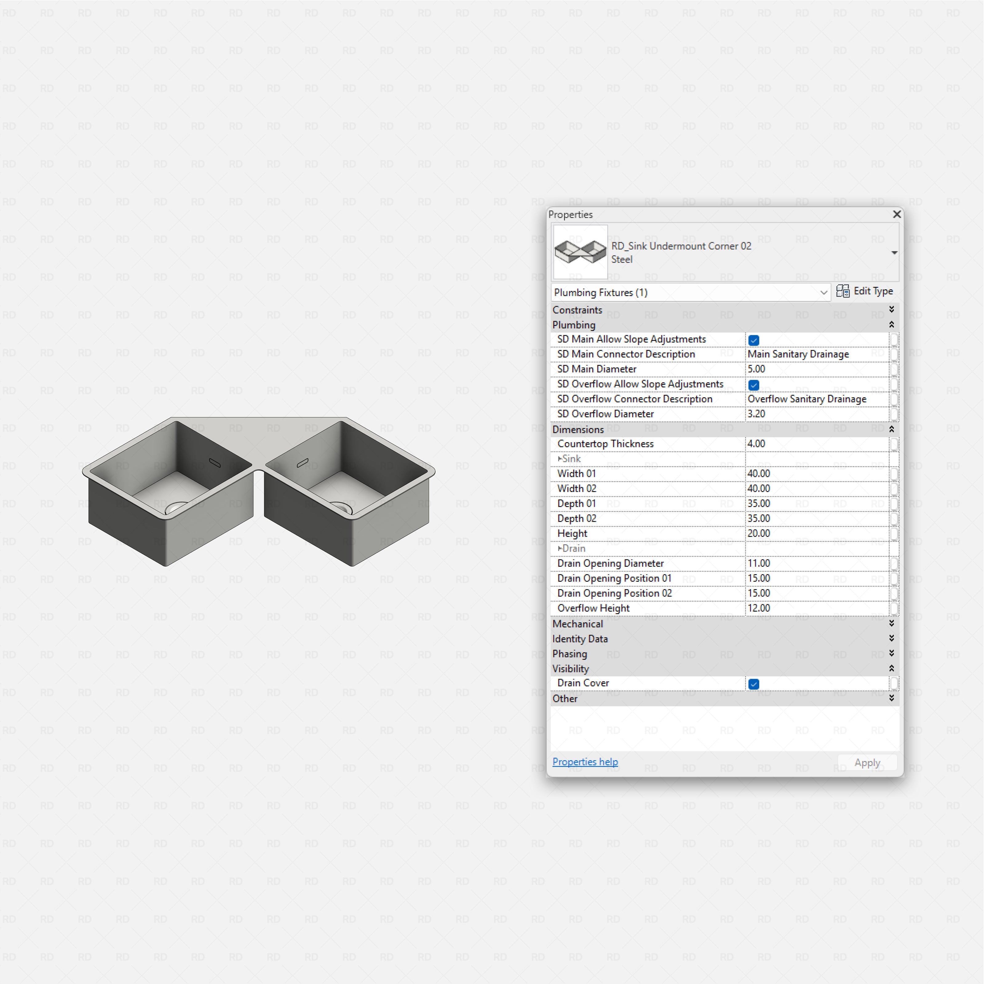 revit kitchen sink RD Studio BIM blocks rfa, undermount corner double bowls, asymmetric widths