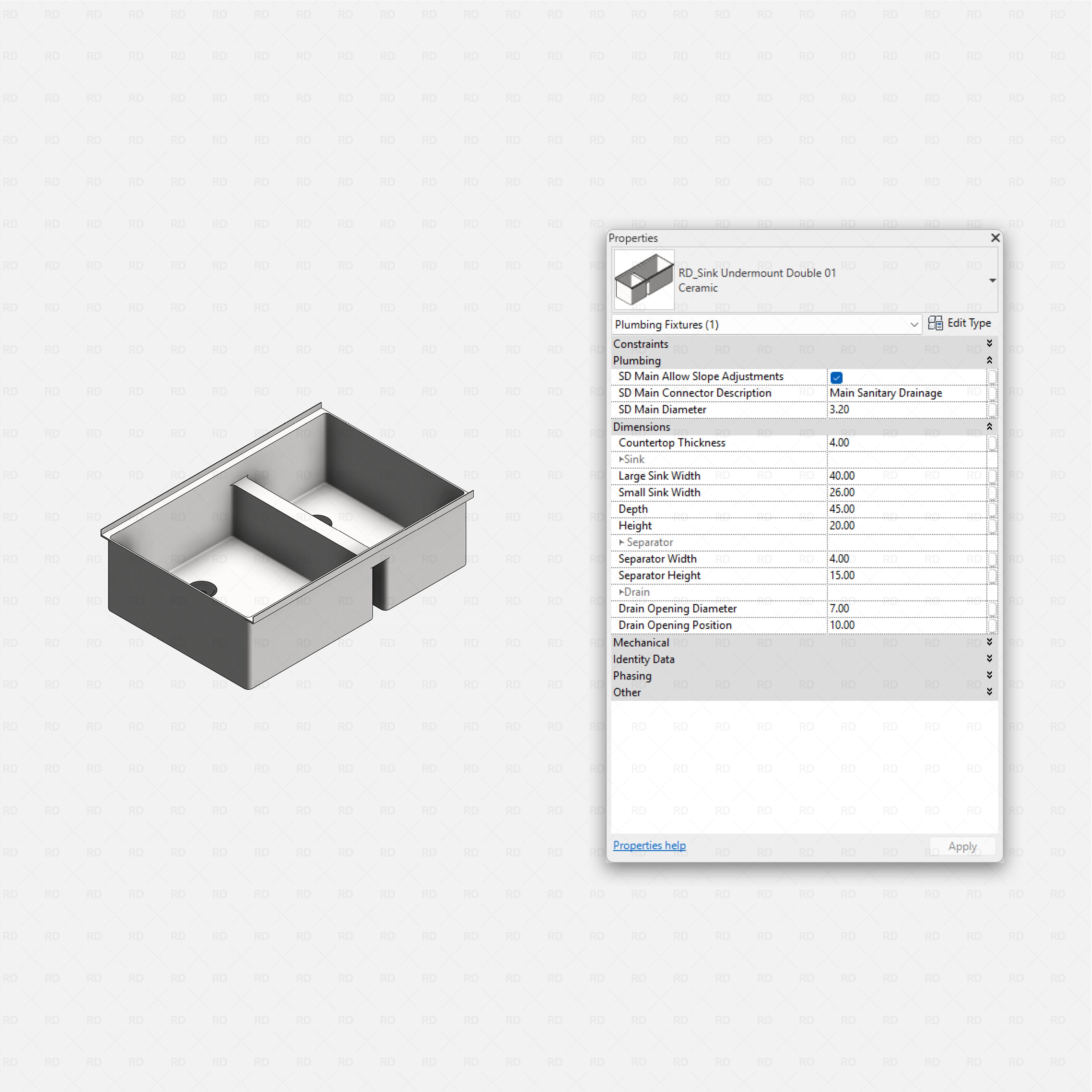 revit kitchen sink RD Studio BIM blocks rfa, undermount double with small and large bowls, ceramic