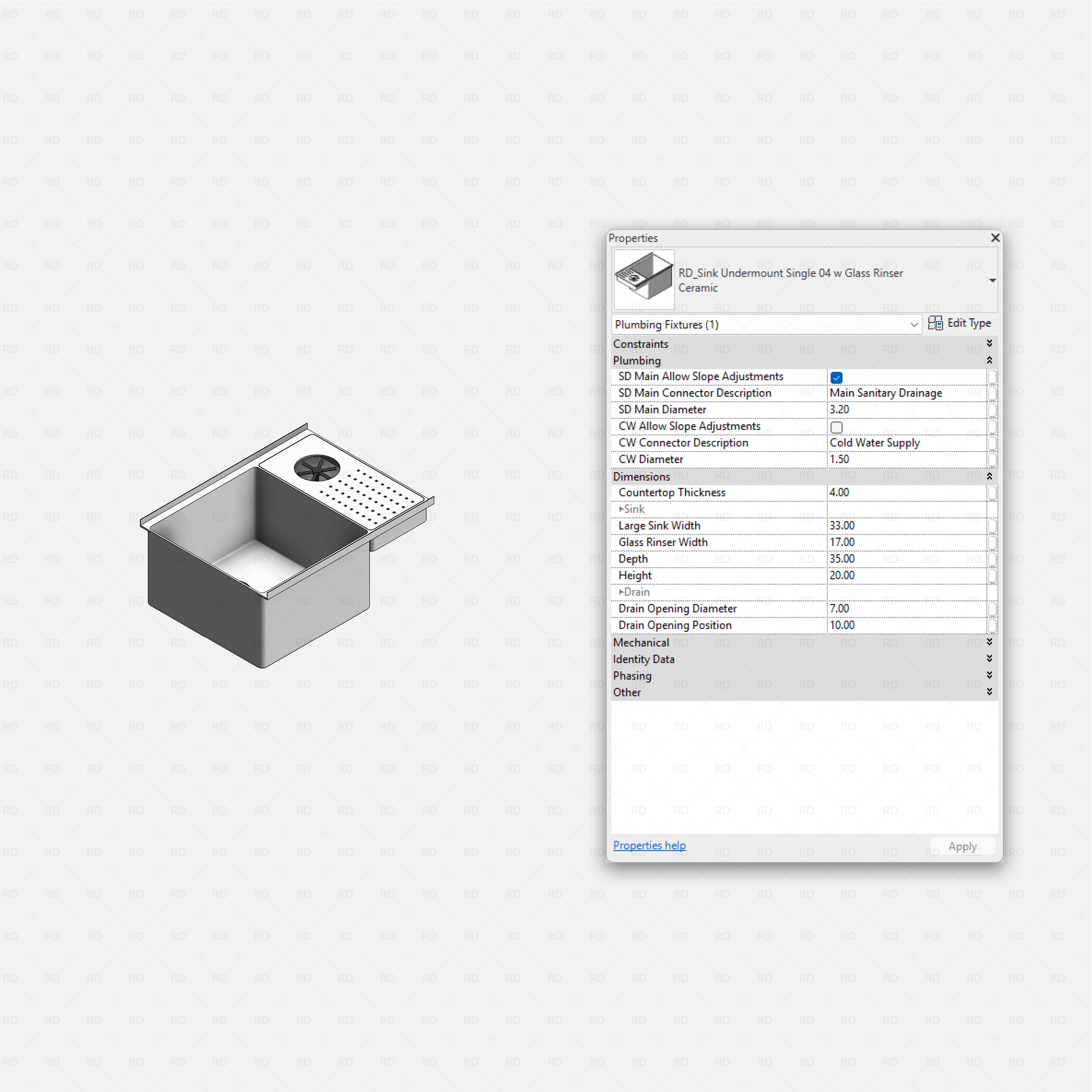 revit kitchen sink RD Studio BIM blocks rfa, undermount single with integrated glass rinser unit