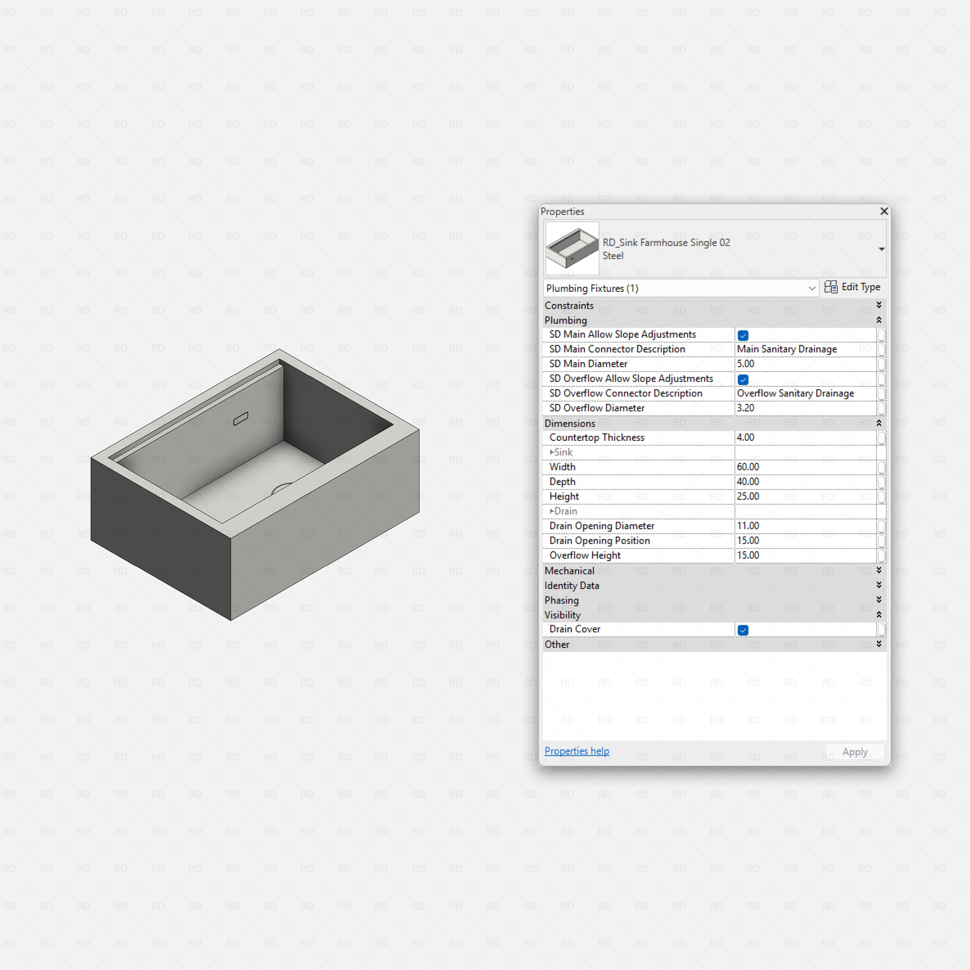 revit kitchen sink RD Studio BIM blocks rfa farmhouse double sink curved front, shaded isometric