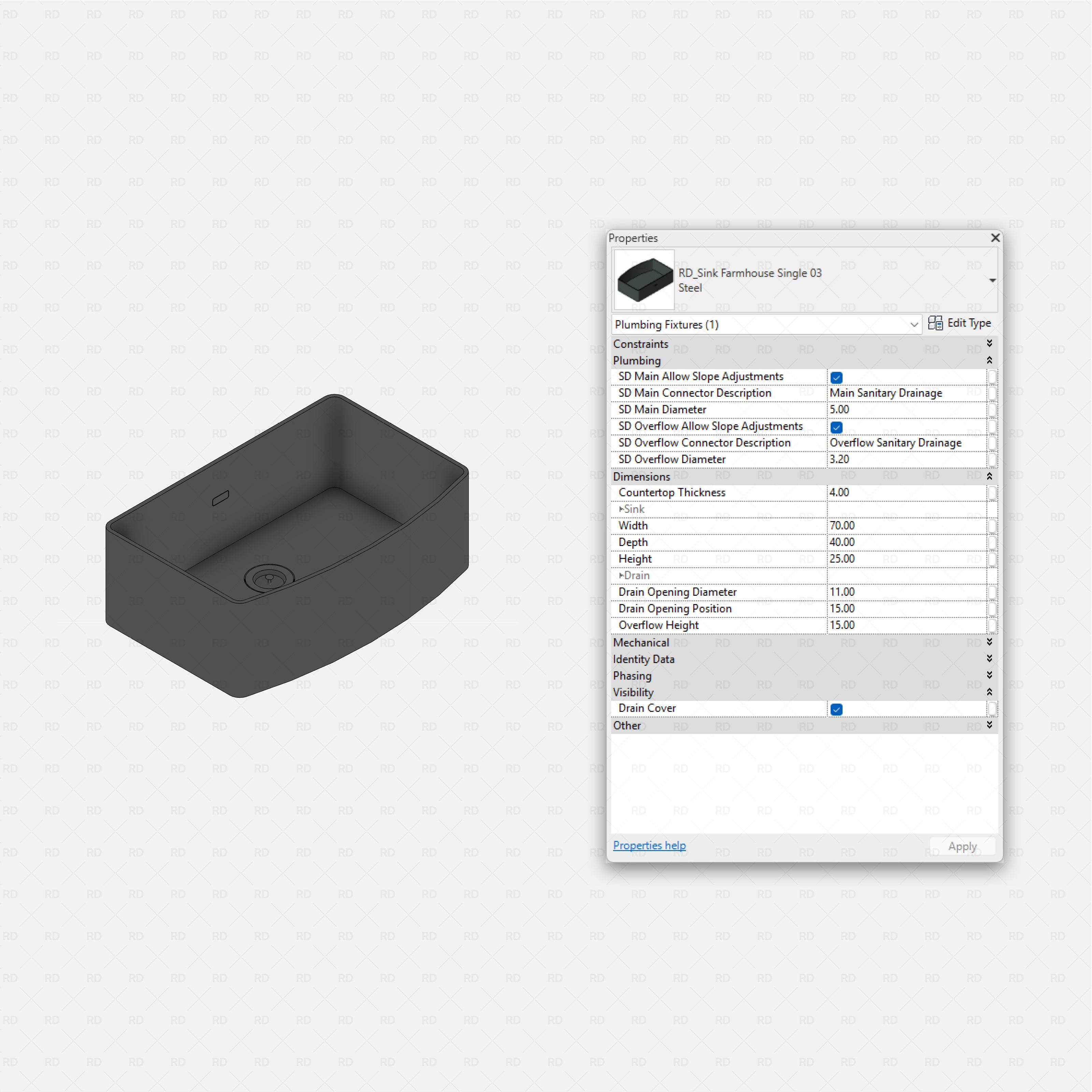 revit kitchen sink RD Studio BIM blocks rfa farmhouse single sink ceramic, shaded isometric