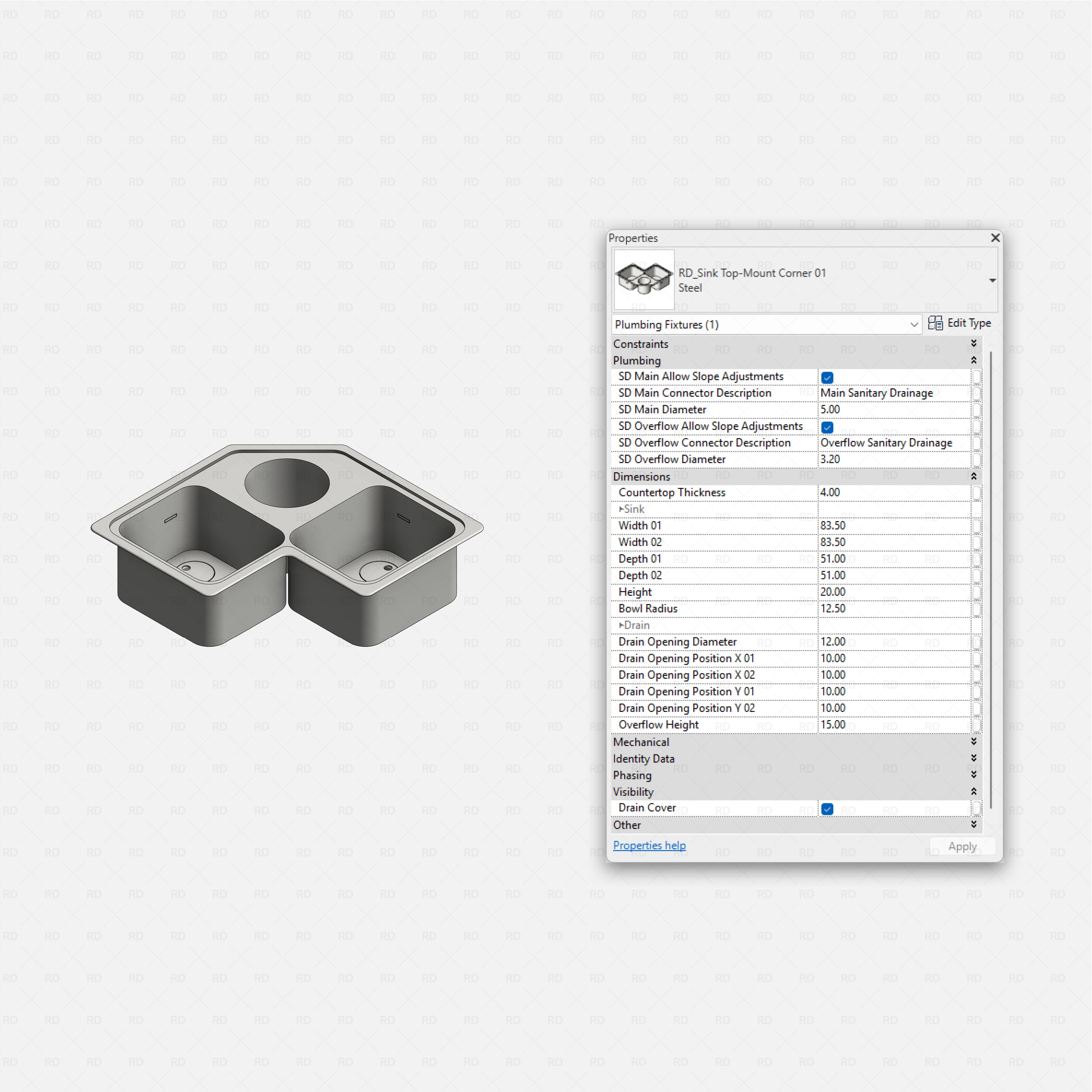 revit kitchen sink RD Studio BIM blocks rfa farmhouse single sink steel, shaded isometric