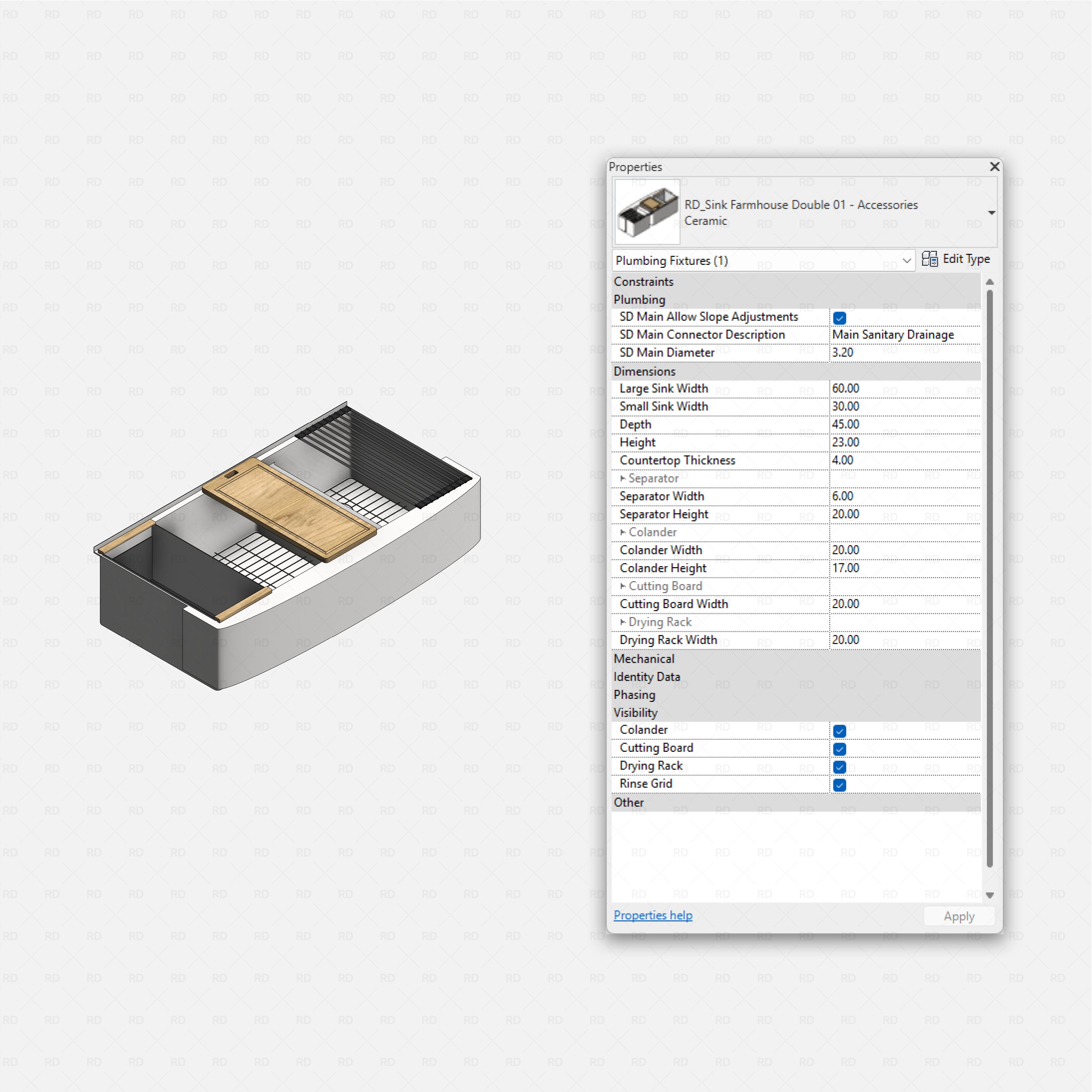 revit kitchen sink with accessories RD Studio BIM blocks rfa, farmhouse double with rinse grid, board, rack, colander