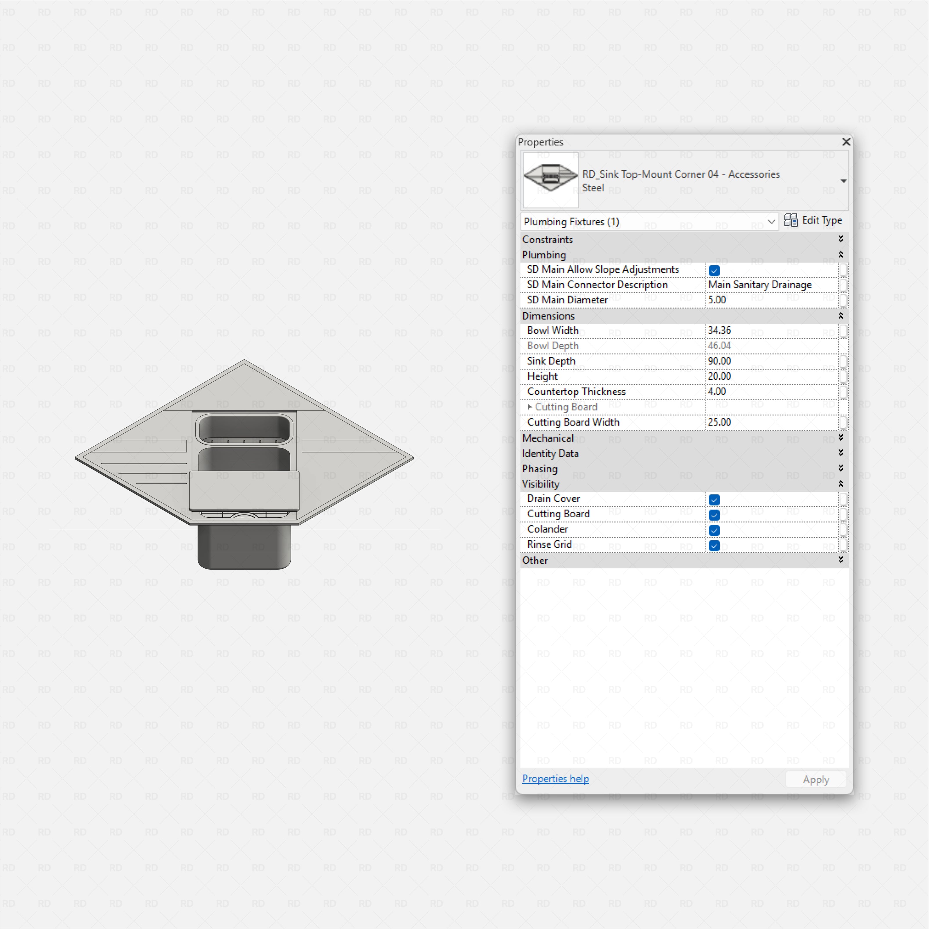 revit kitchen sink with accessories RD Studio BIM blocks rfa, diamond corner sink with cutting board, colander, rinse grid