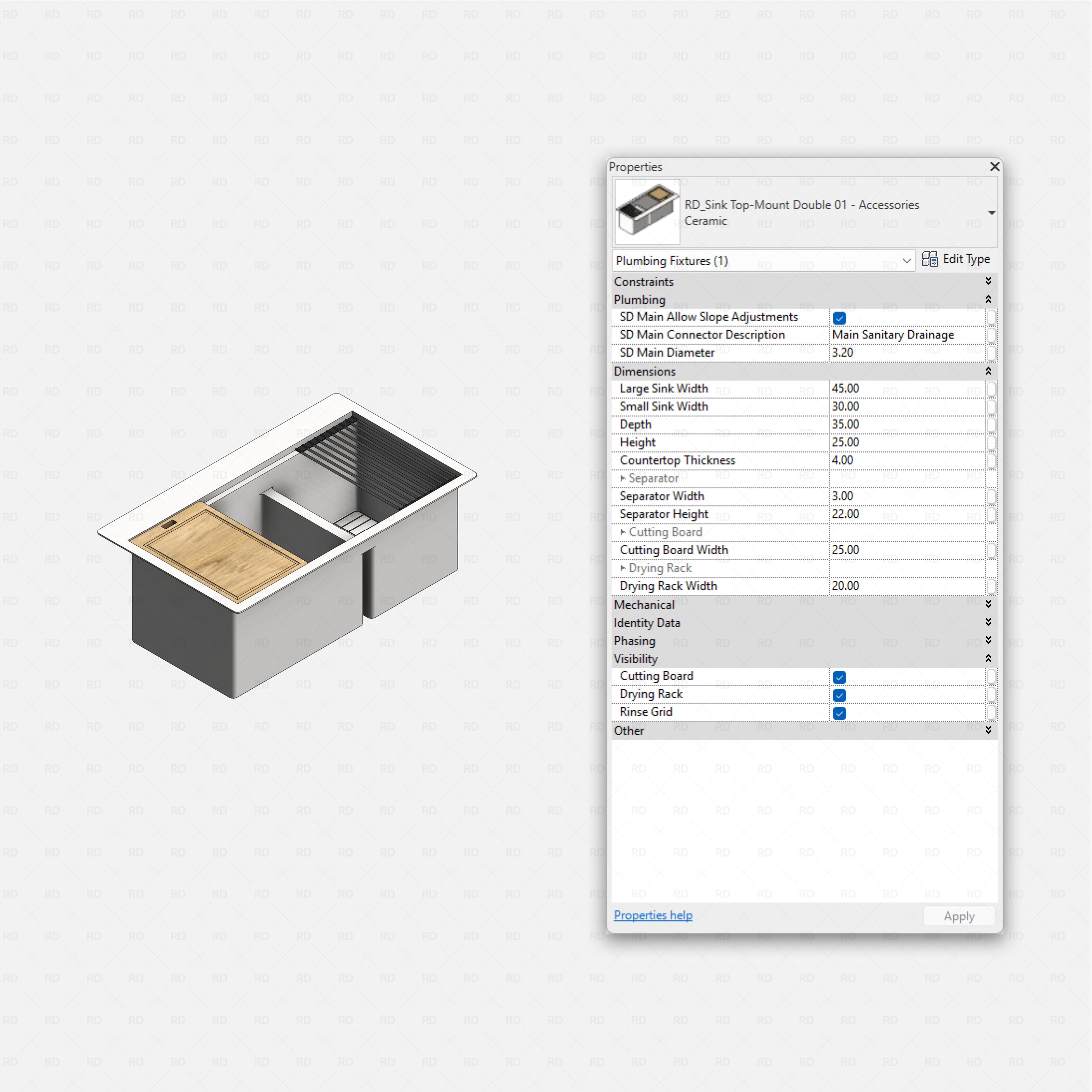 revit kitchen sink with accessories RD Studio BIM blocks rfa, top-mount double with board, rack and rinse grid