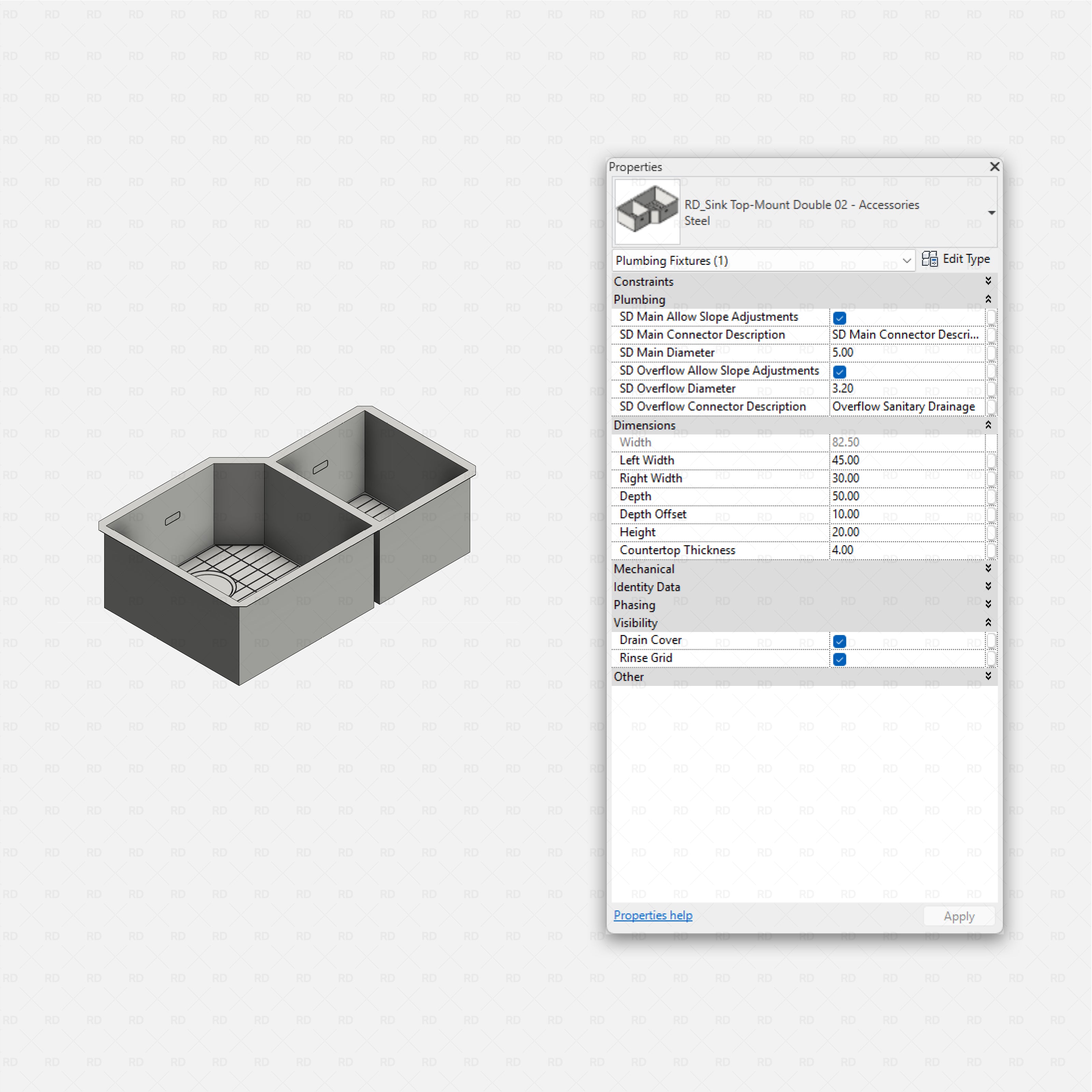 revit kitchen sink with accessories RD Studio BIM blocks rfa, top-mount double equal bowls with rinse grids