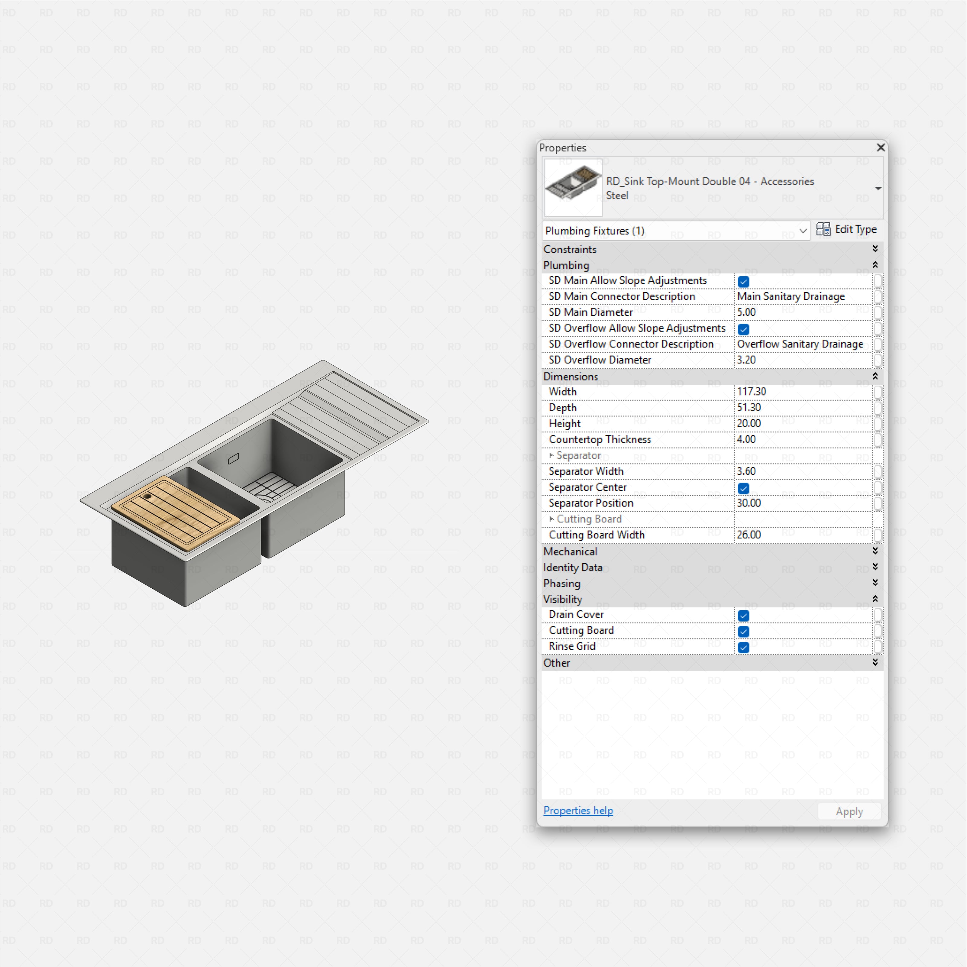 revit kitchen sink with accessories RD Studio BIM blocks rfa, top-mount double with drainboard and cutting board