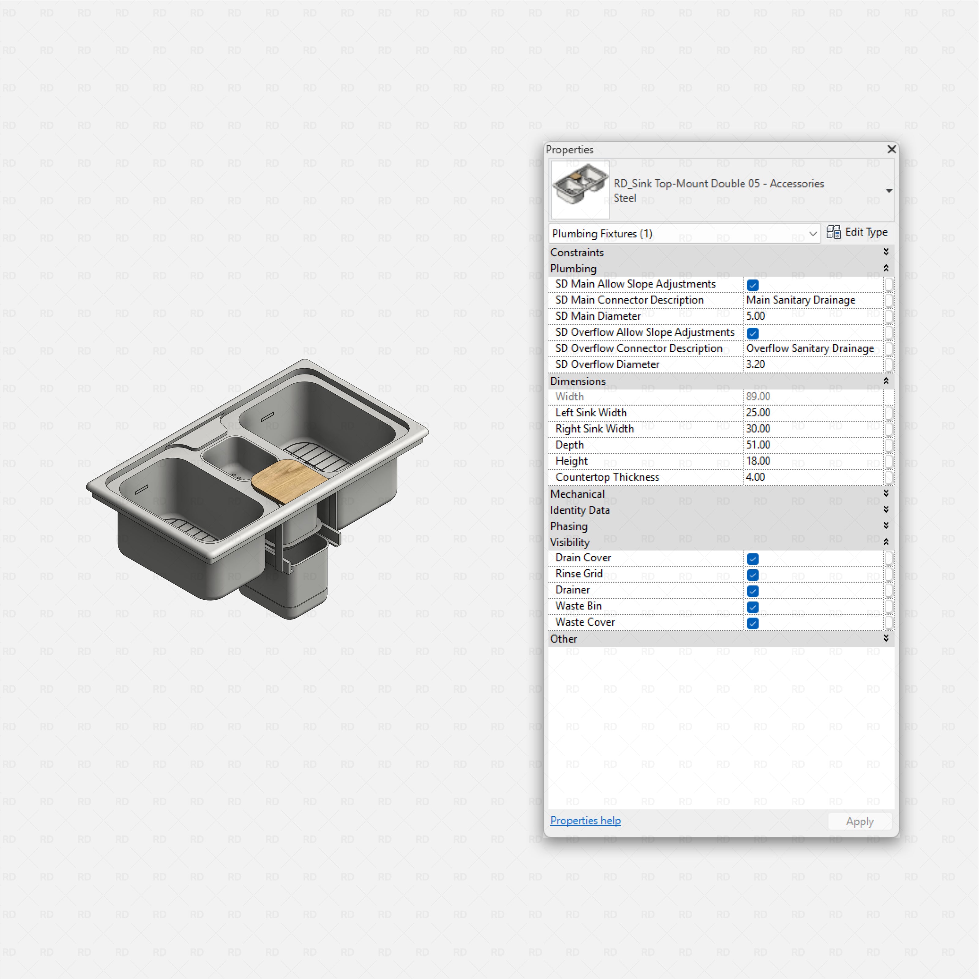 revit kitchen sink with accessories RD Studio BIM blocks rfa, top-mount double with disposer, bin and rinse grid